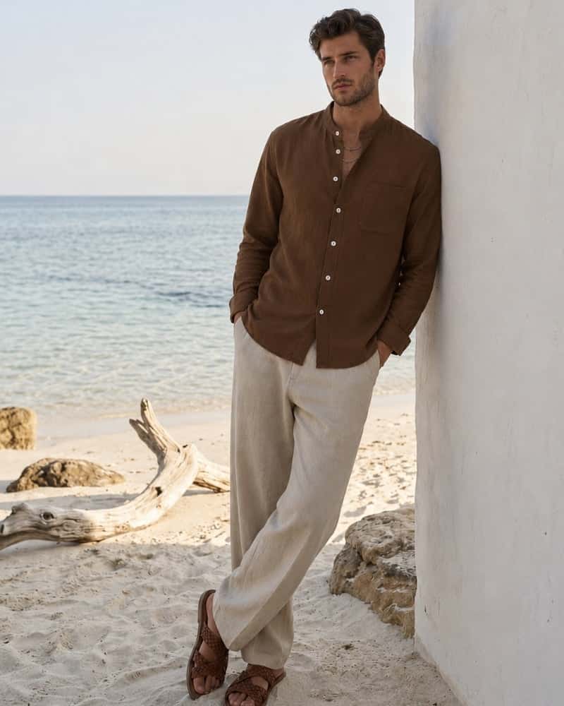 Men’s Mandarin Collar Shirt – Relaxed Fit Textured Cotton Shirt