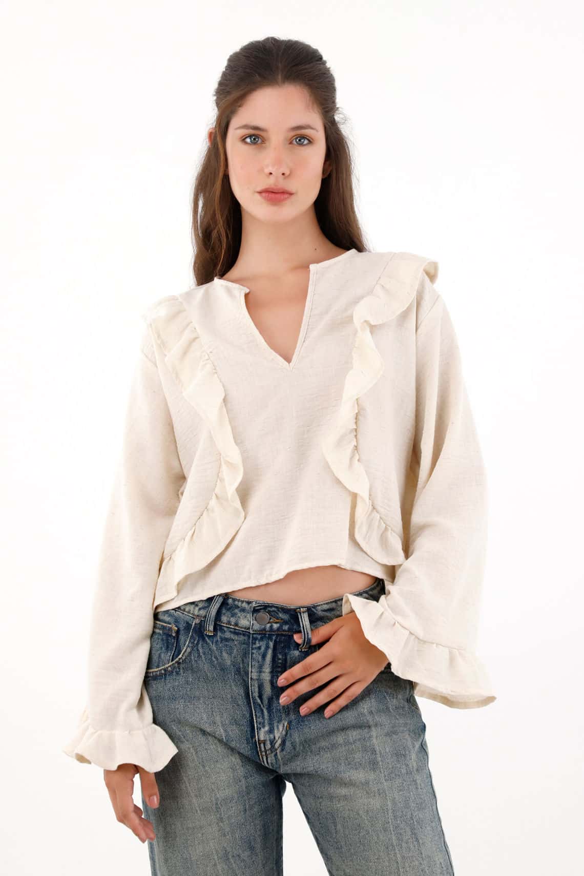 Camisa con boleros amplia crudo para mujer