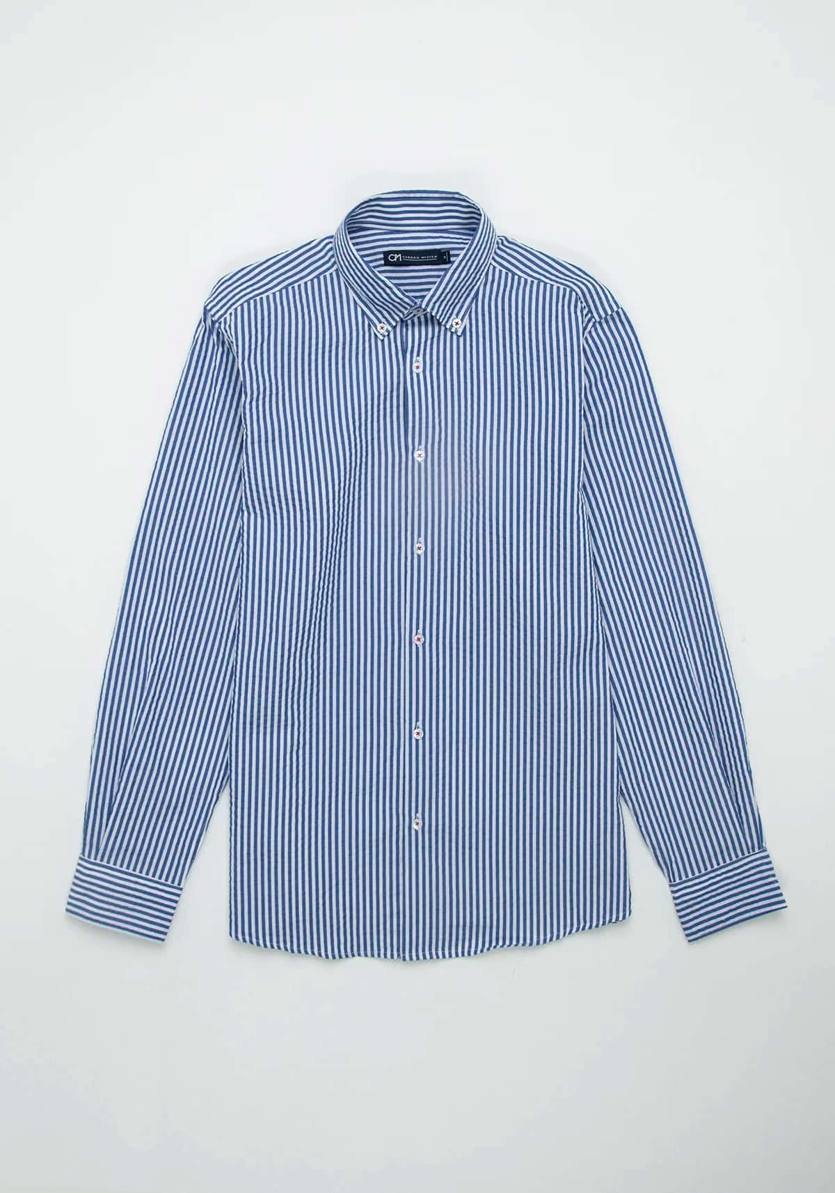 Camisa Seersucker Raya Candela Algodón Azul Medio