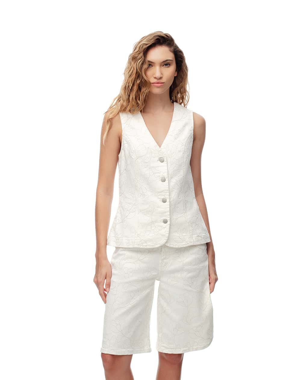 Chaleco regular drill bordado blanco mujer
