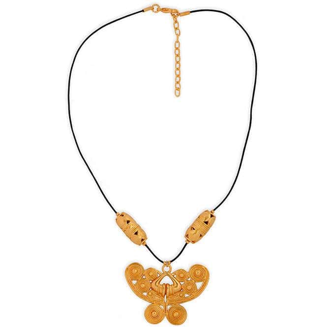 Collar Cuero Negro y Dije Grande Nariguera Mariposa Tairona