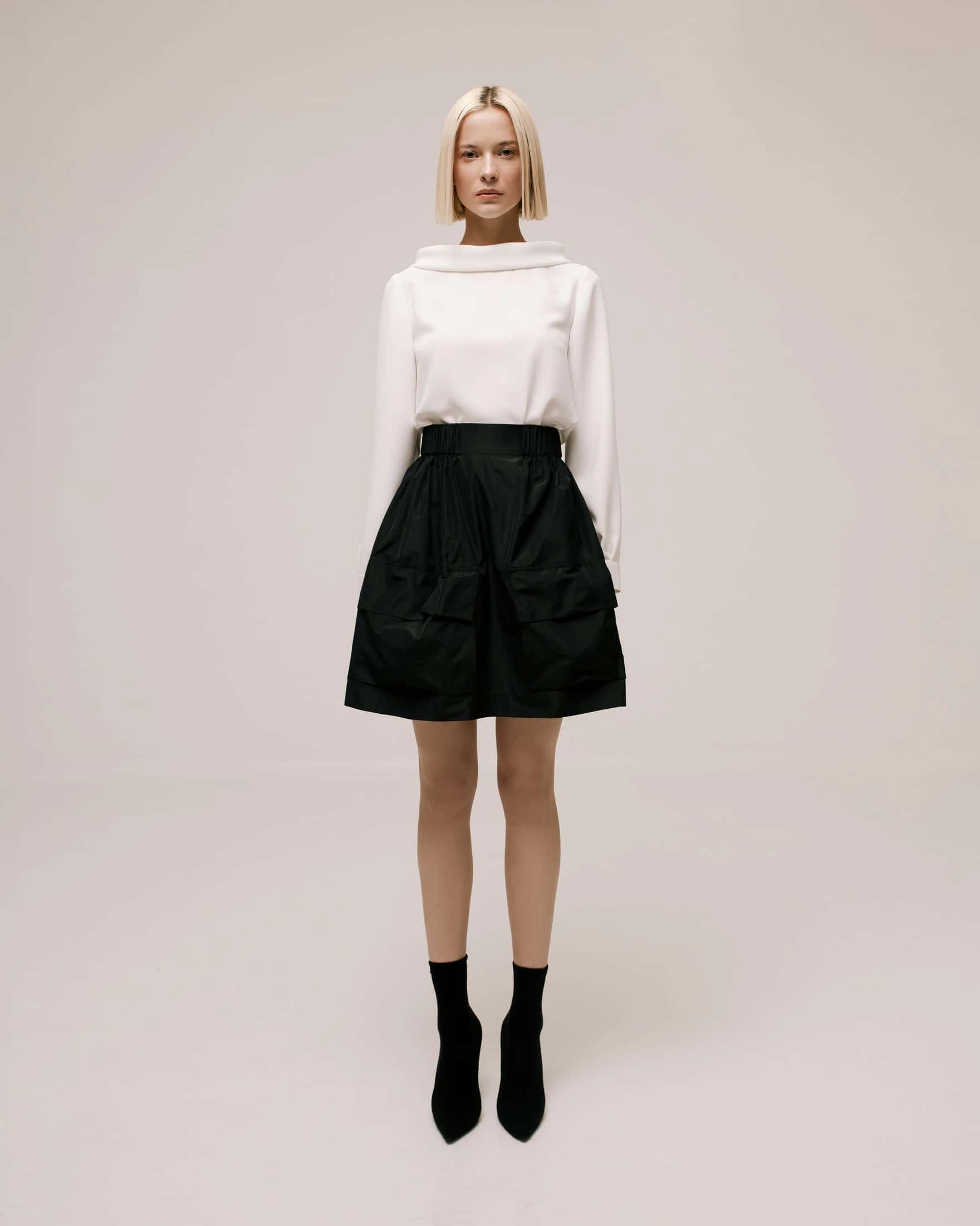 High-Neck Long-Sleeve Cady Blouse