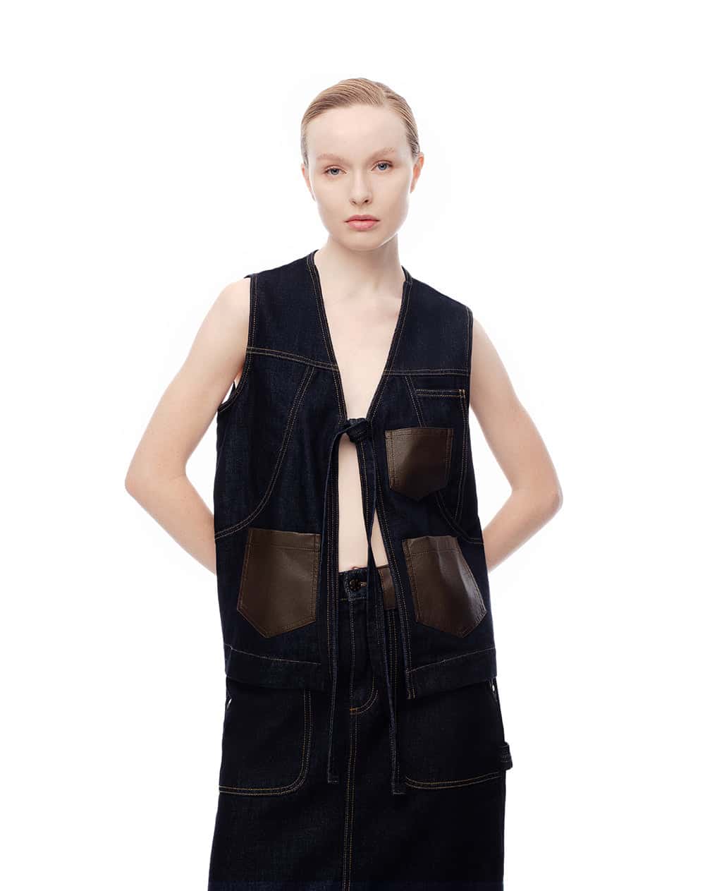 Chaleco denim anudado índigo oscuro mujer