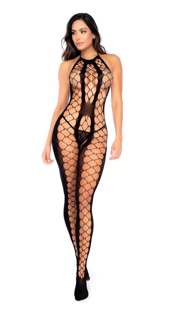 Bodystocking negro halter de red con rombos gigantes MA-1156