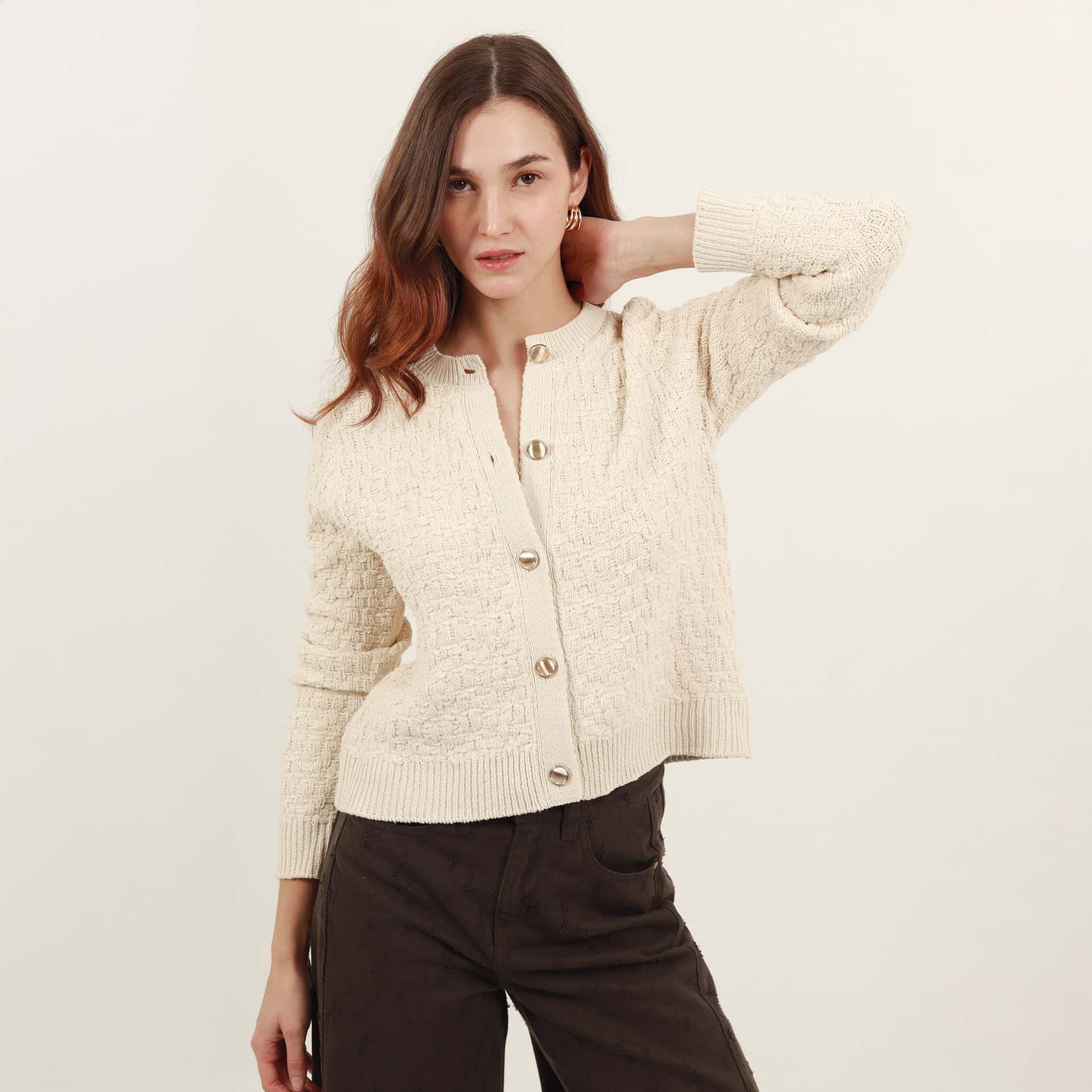 Sweater cardigan cuello redondo manga larga con botones