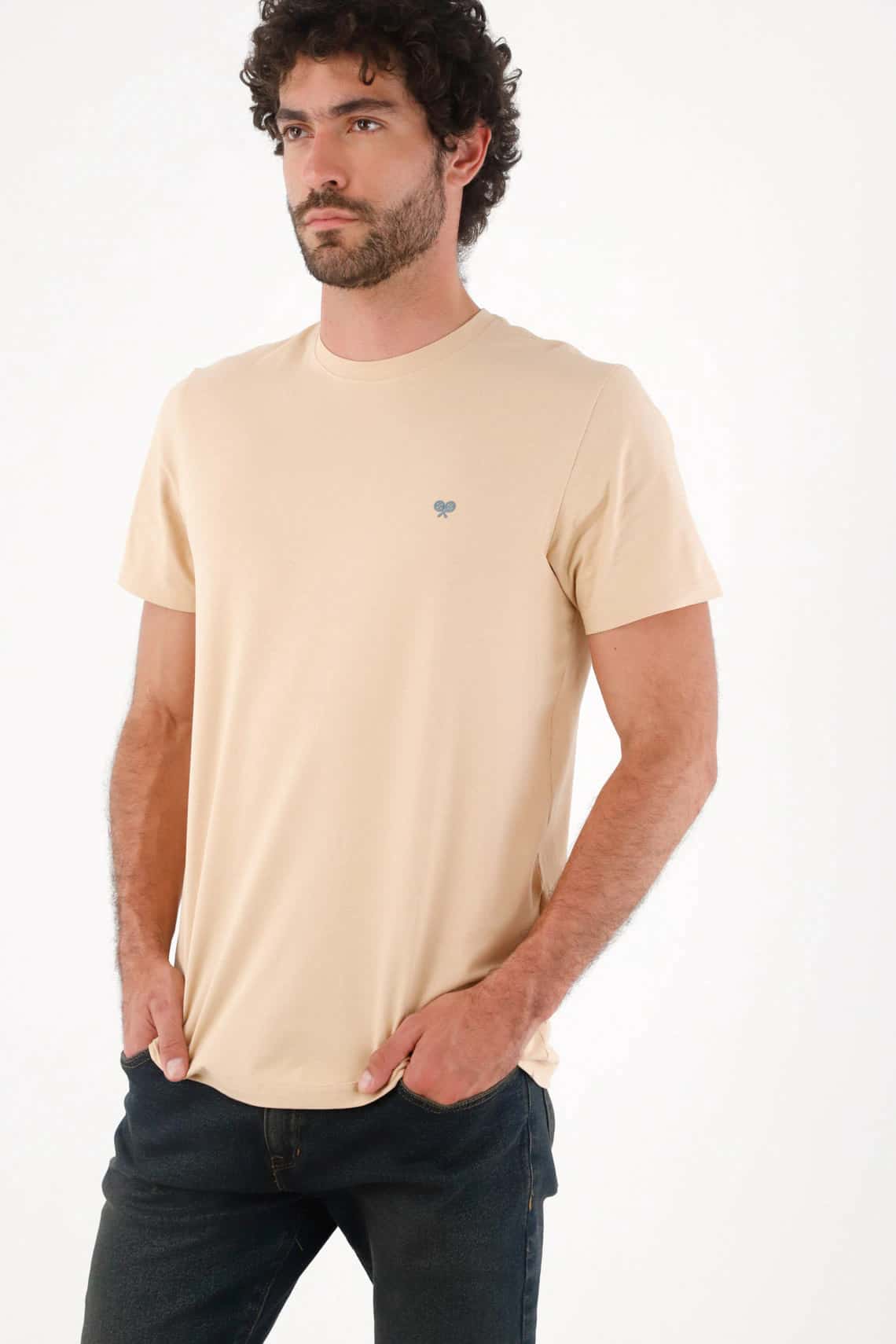 Camiseta para hombre de algodón beige fit regular con raquetas