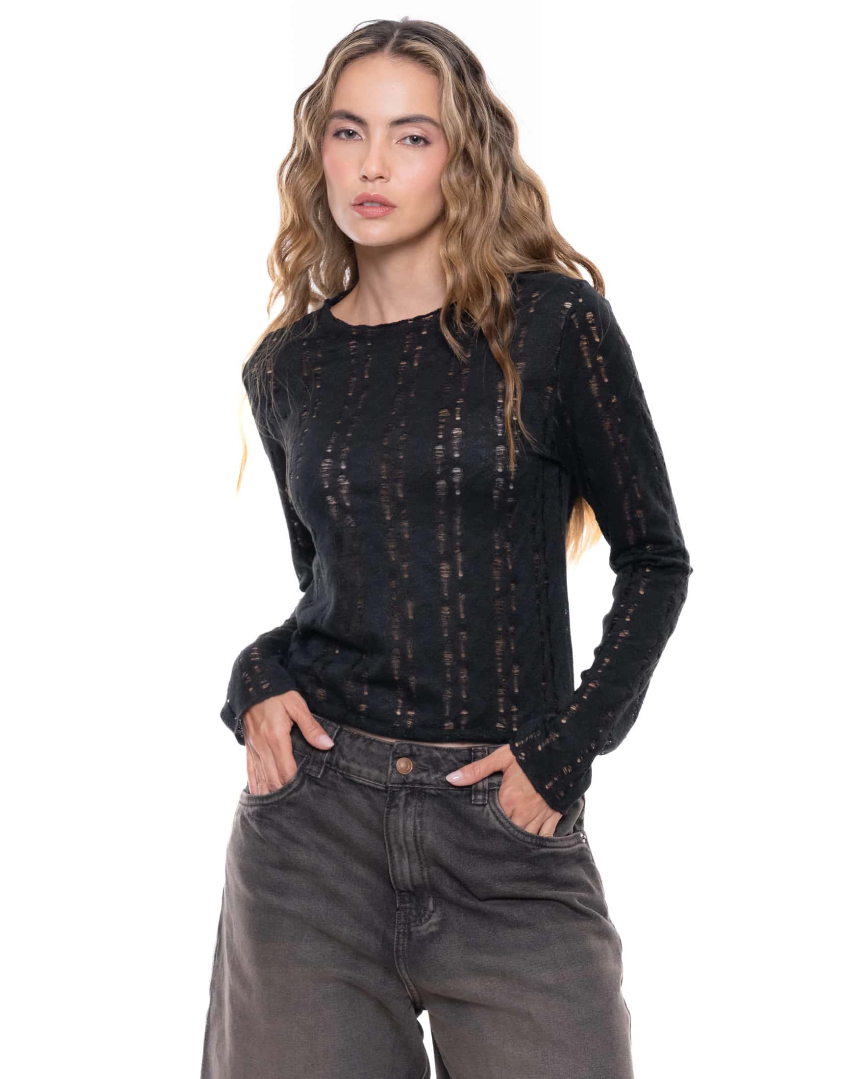 Camiseta Manga Larga Cuello Redondo Algodón Destroy Negro