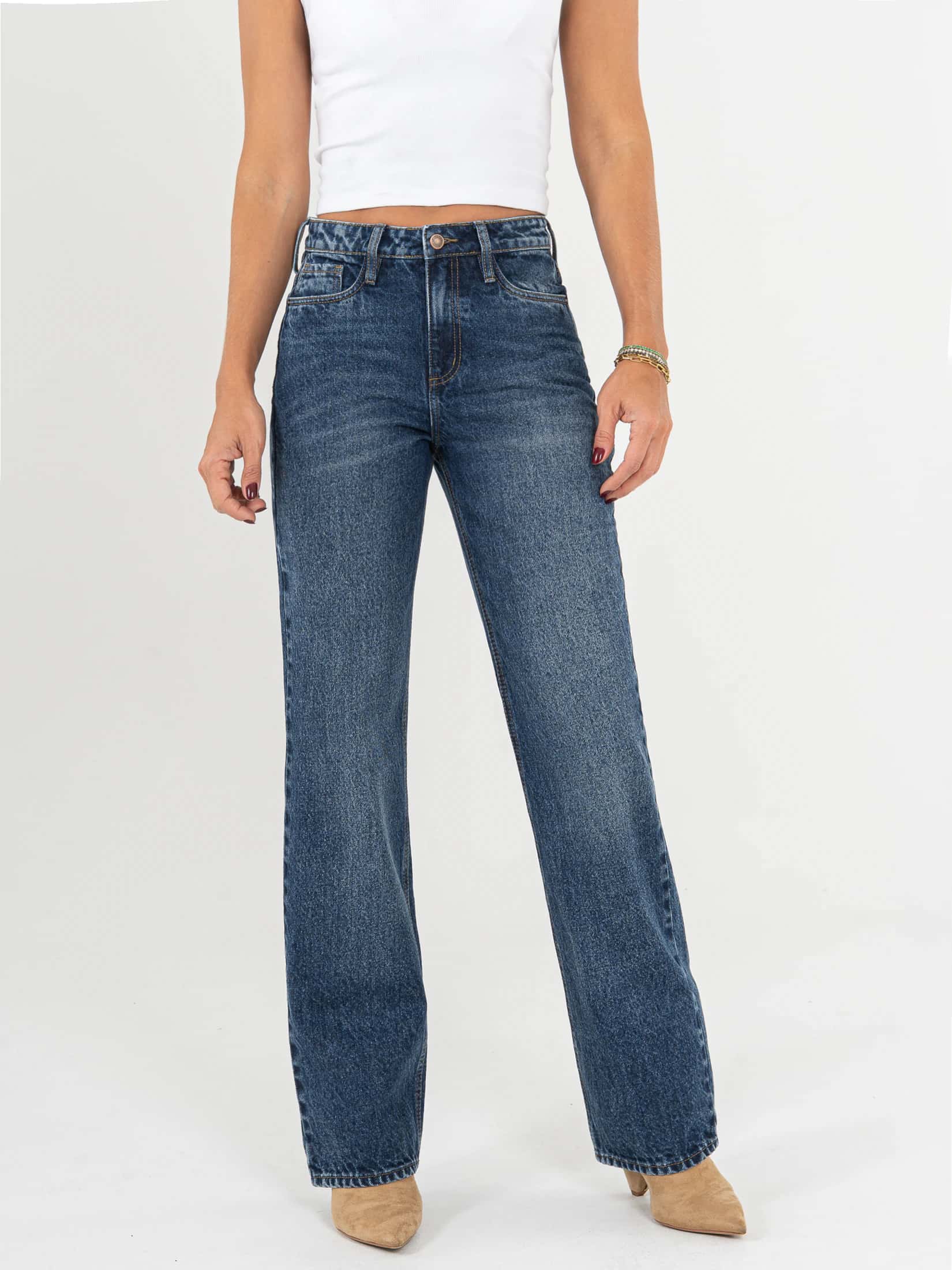 Ref: 066573 Jean straight leg, rígido, tiro medio, tono azul oscuro, diseño cinco bolsillo