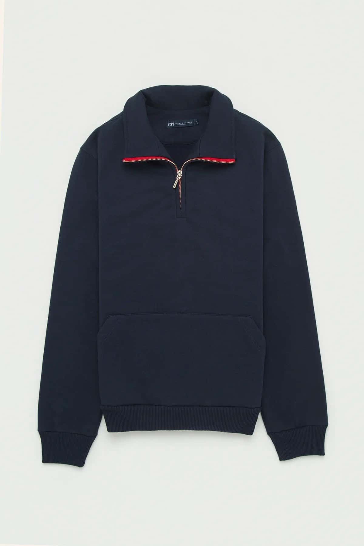 Buzo Perchado Half Zip Algodón Azul Oscuro