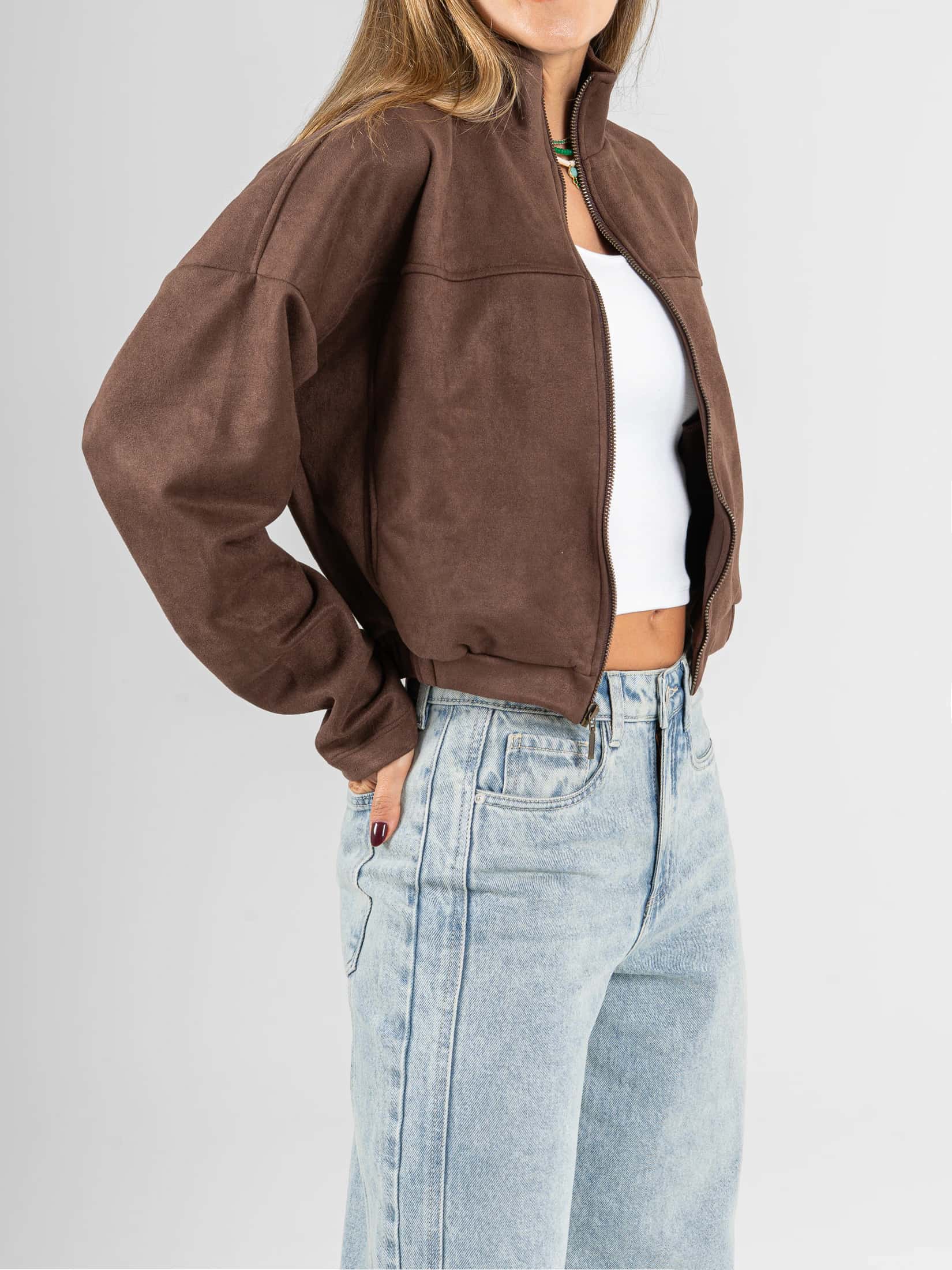 Ref: 0610688 Chaqueta efecto piel, cuello alto, con cremallera, tono cafe - miniatura 3