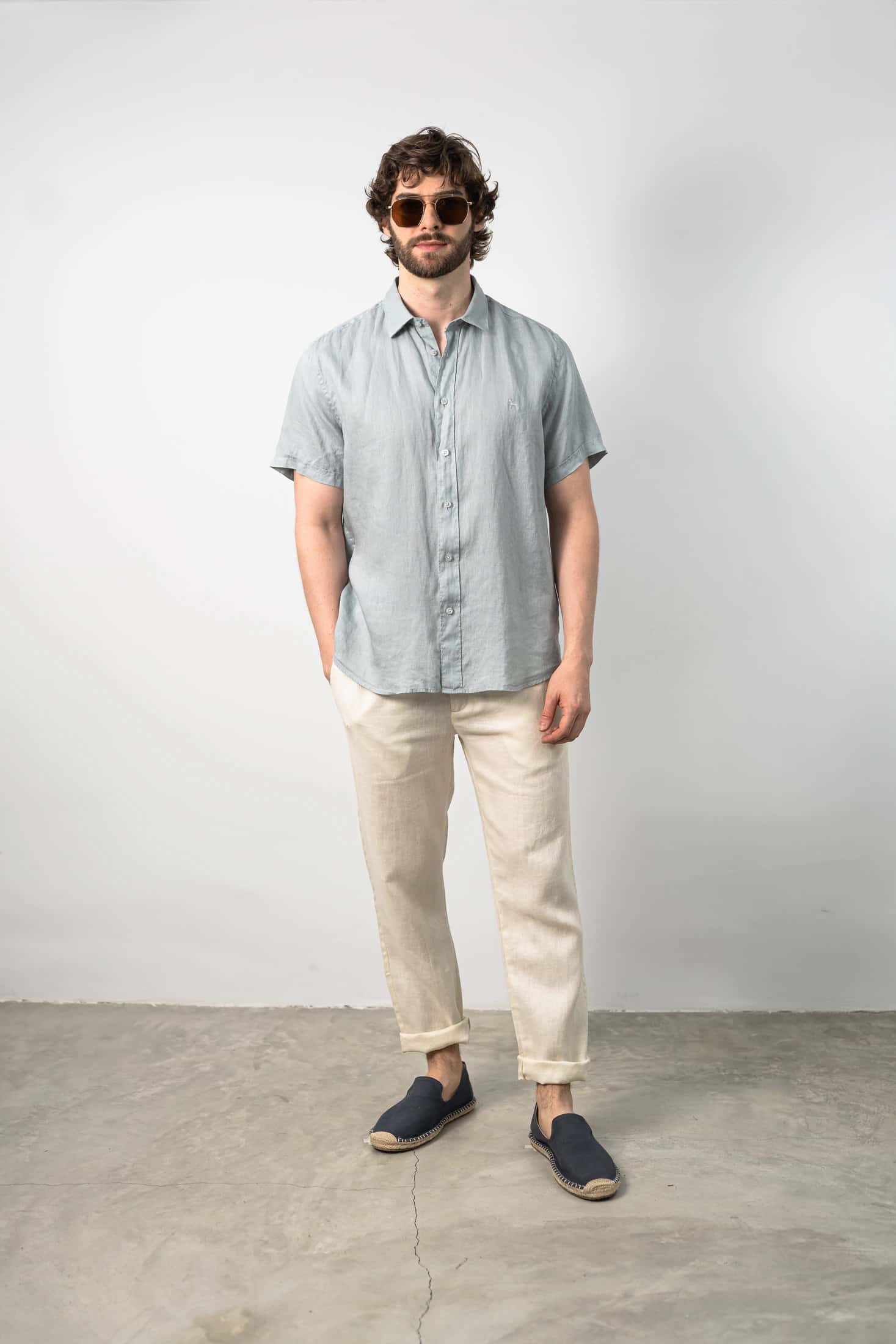 Camisa Manga Corta Lino Azul Grisoso