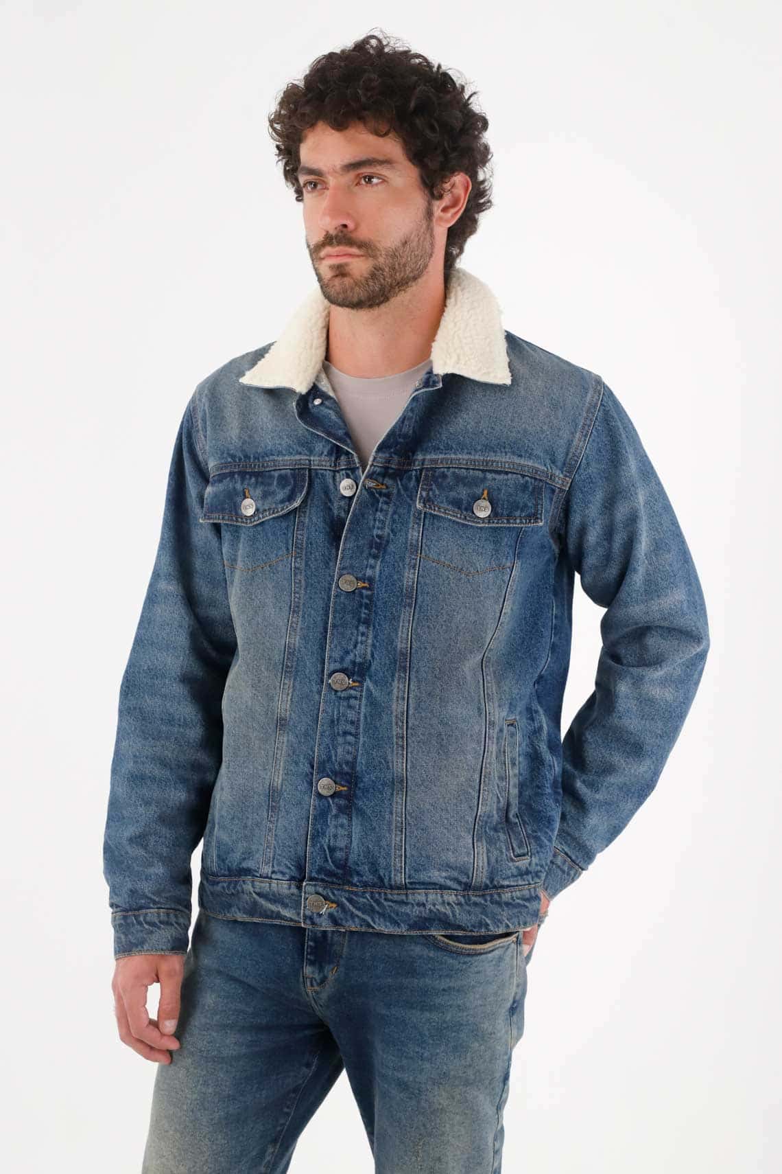 Abrigo para hombre algodón azul fit recto con borreguito