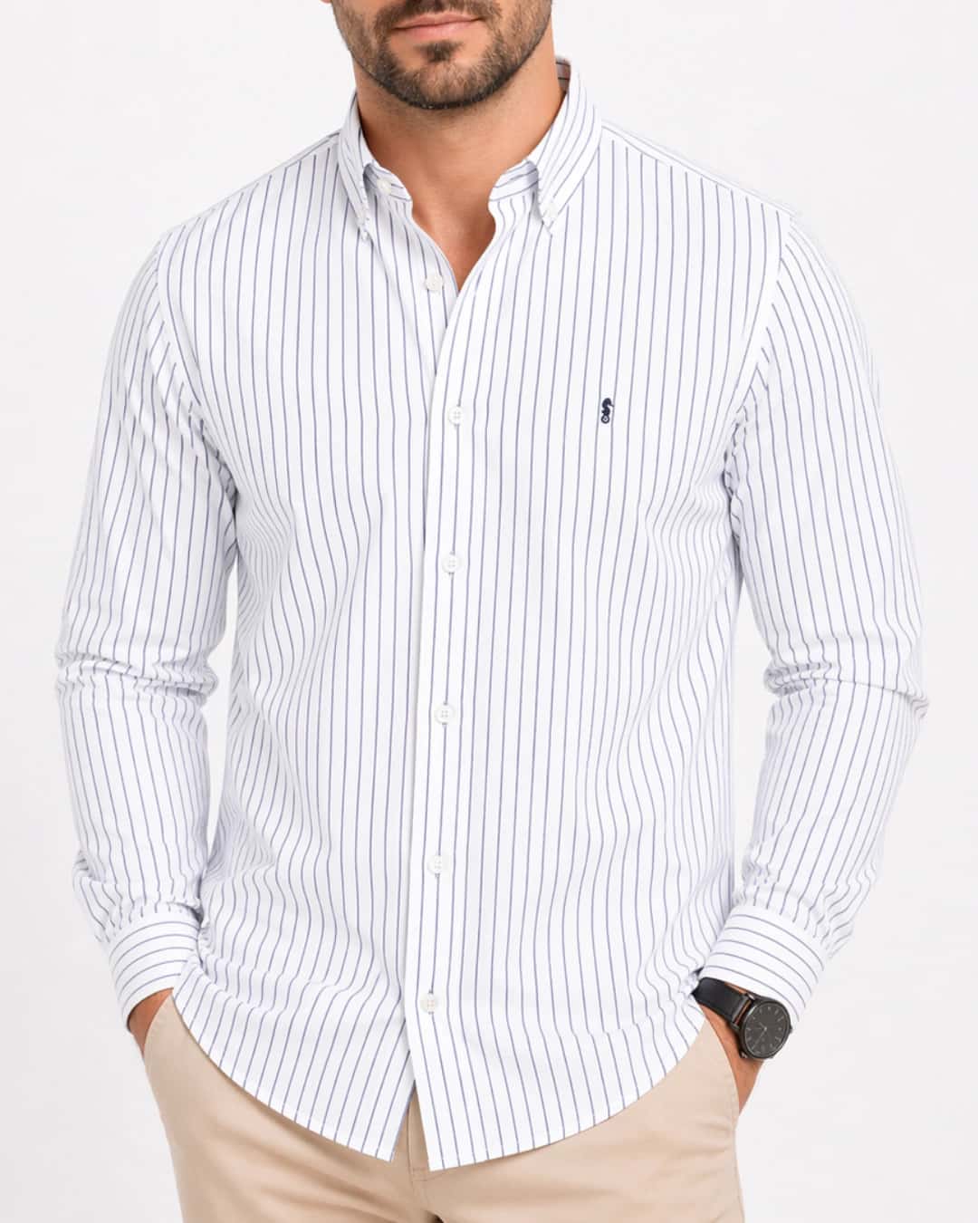Camisa 100% Algodón Manga Larga Blanca Rayas Azul - miniatura 3
