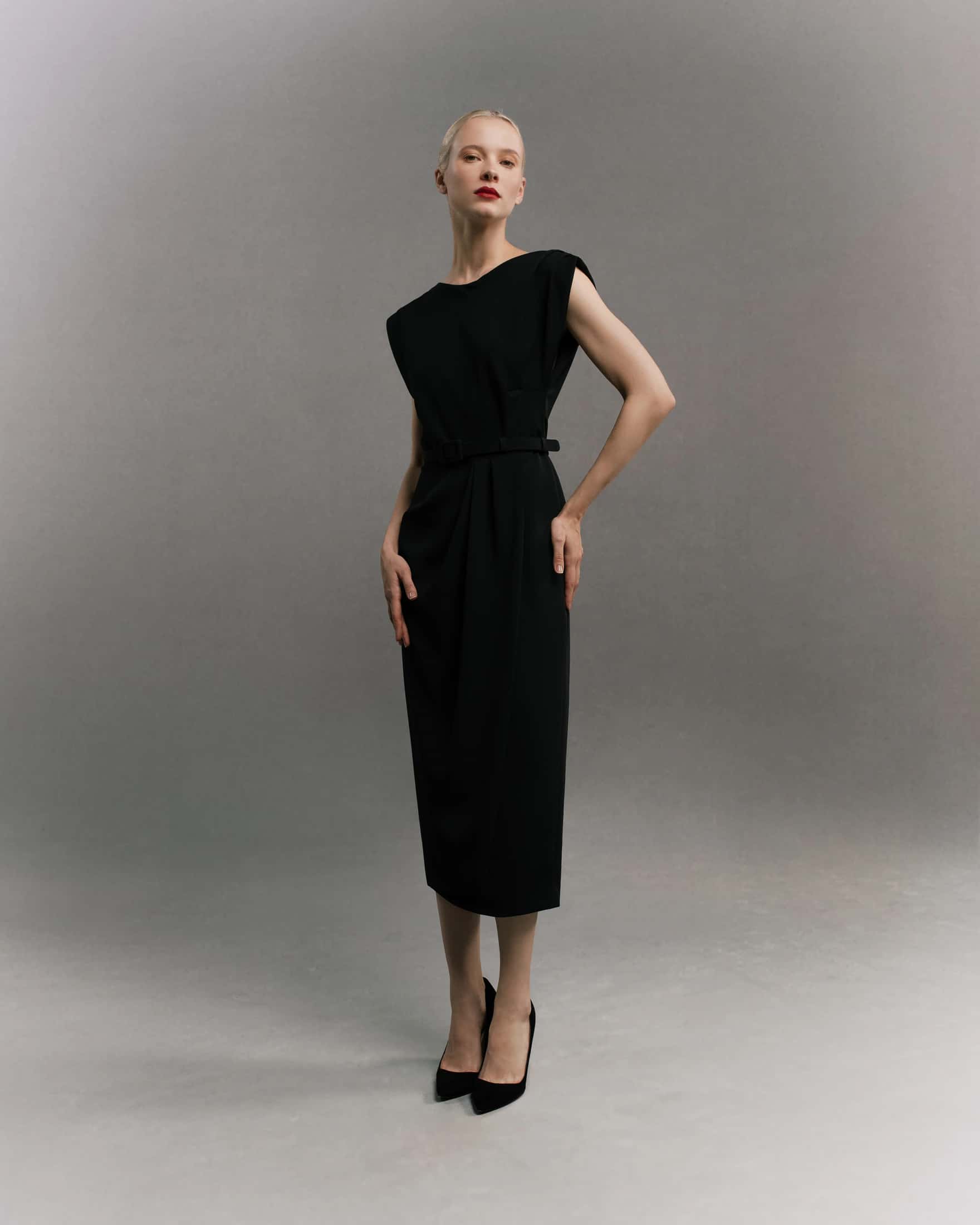 Cap-Sleeve Draped Fitted Midi Dress