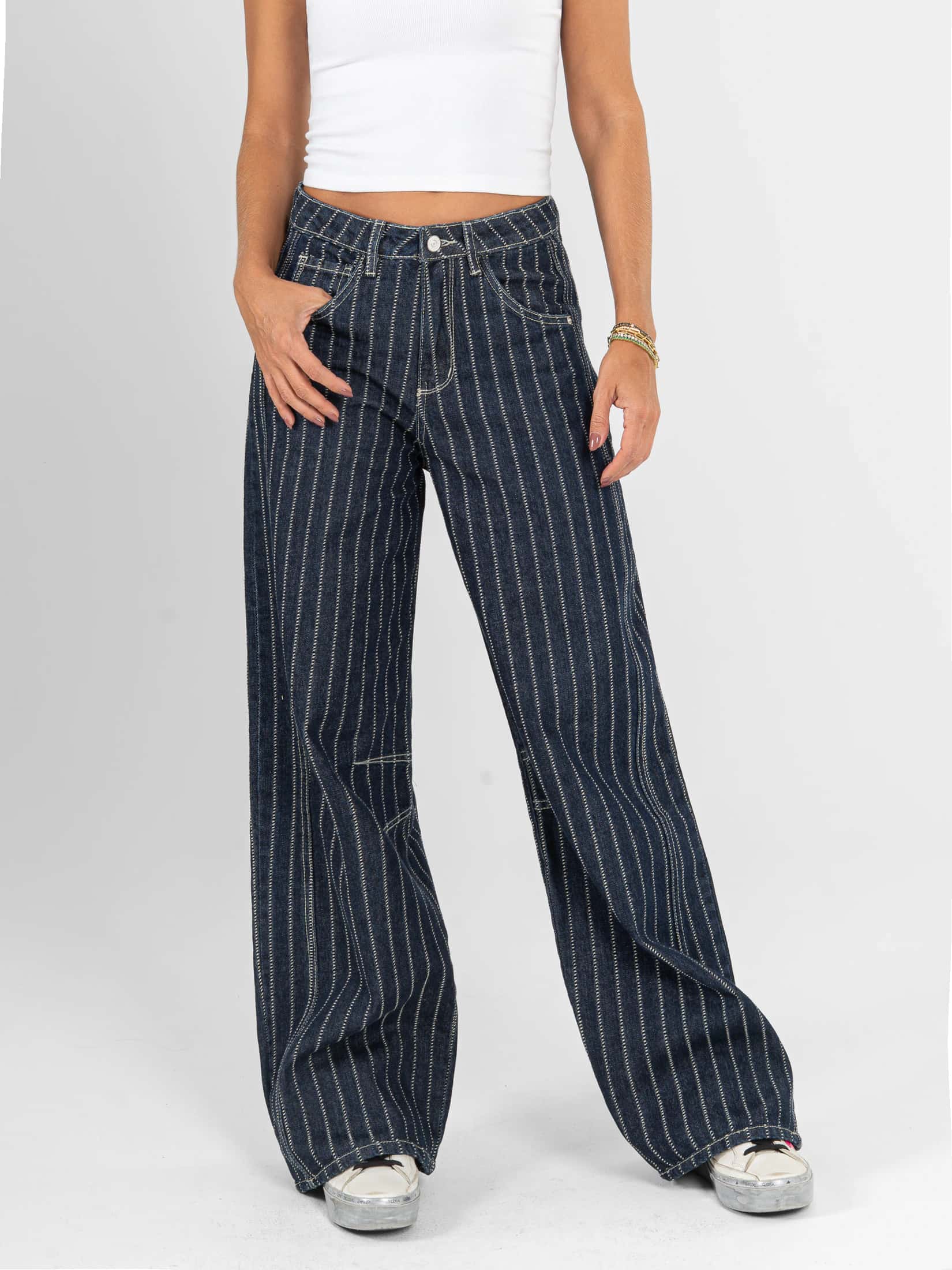 Ref: 066479 Jean wide leg, rígido, tiro alto, rayas, tono azul oscuro