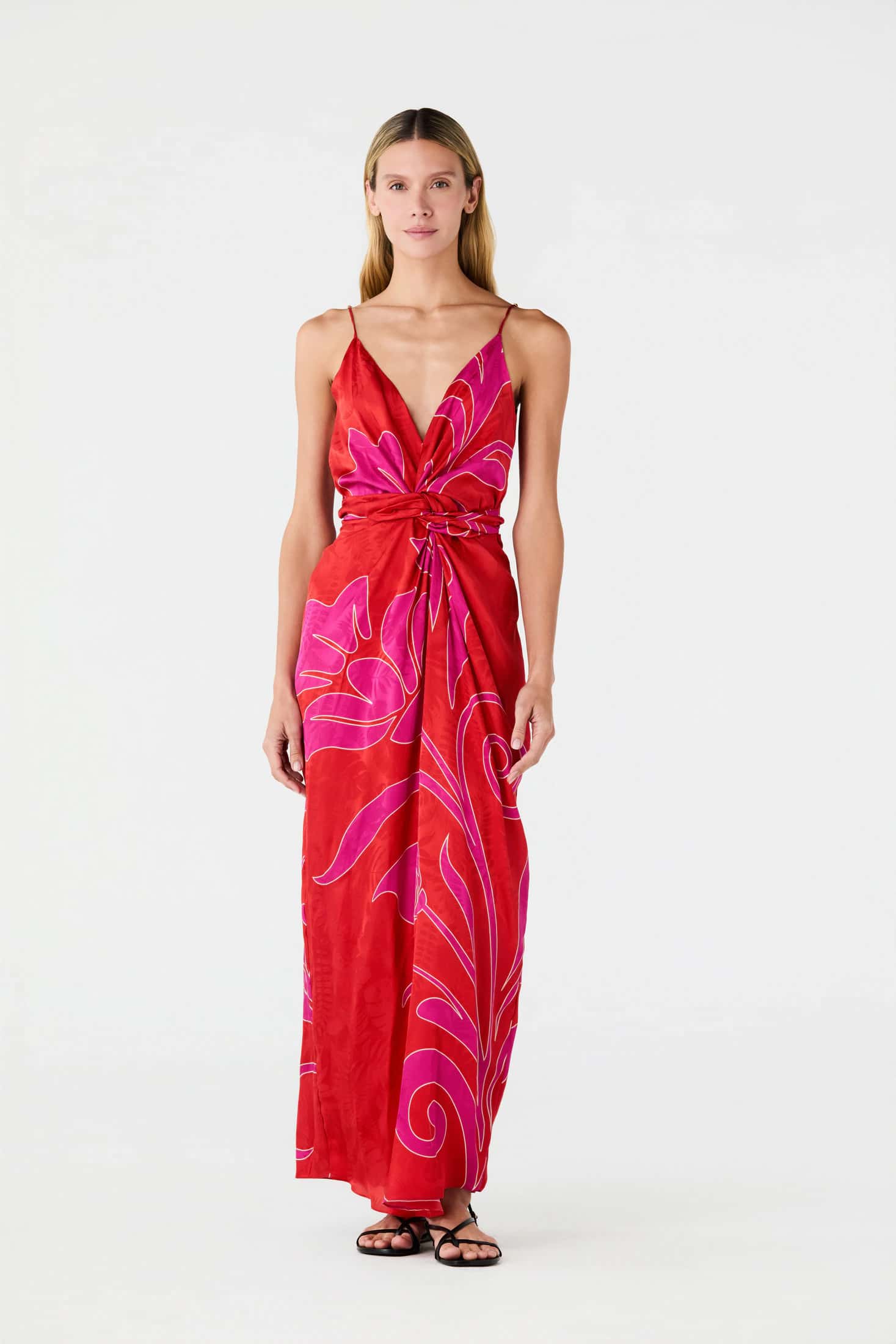 Macarena Silk Jacquard Midi Dress / Red & Fuchsia Maxi Buganvilia