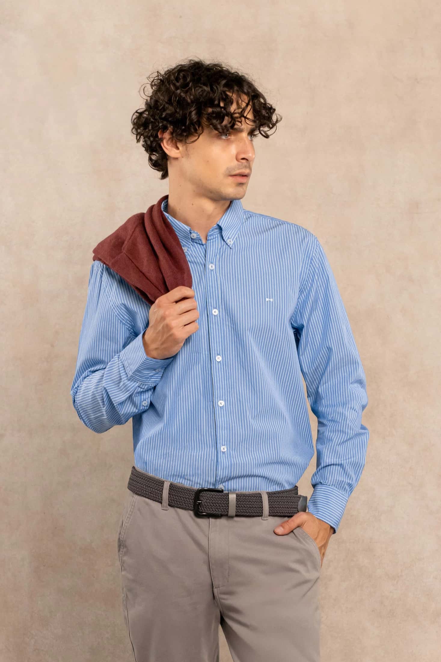 Camisa Antimanchas Popelina Rayas Azul Logo Contraste