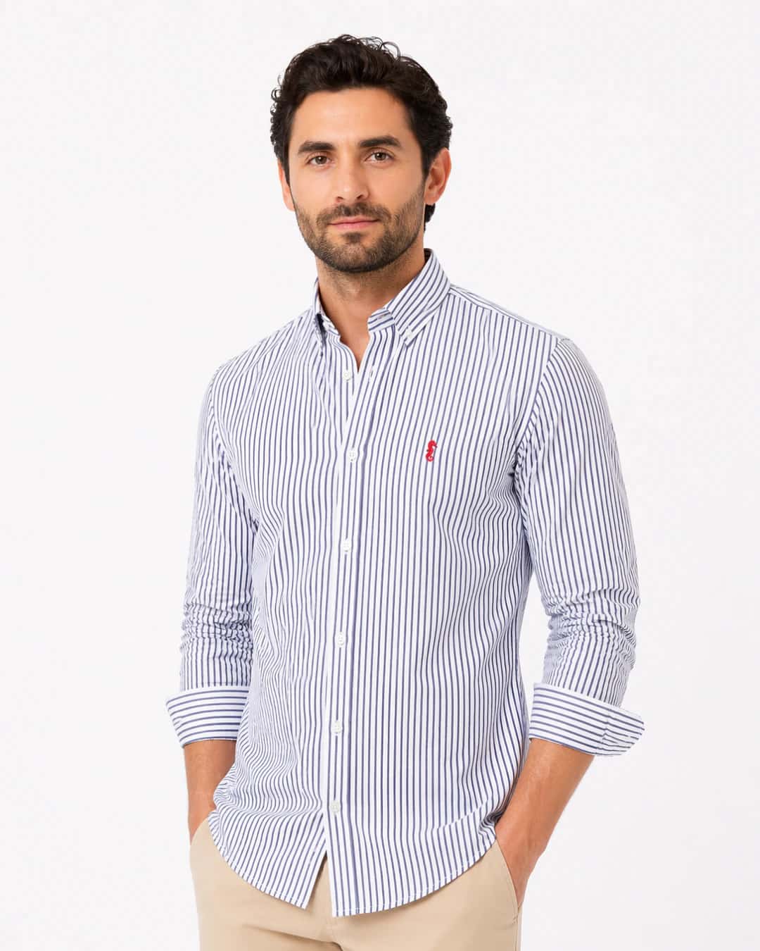 Camisa 100% Algodón Manga Larga Rayas Azul Oscuro
