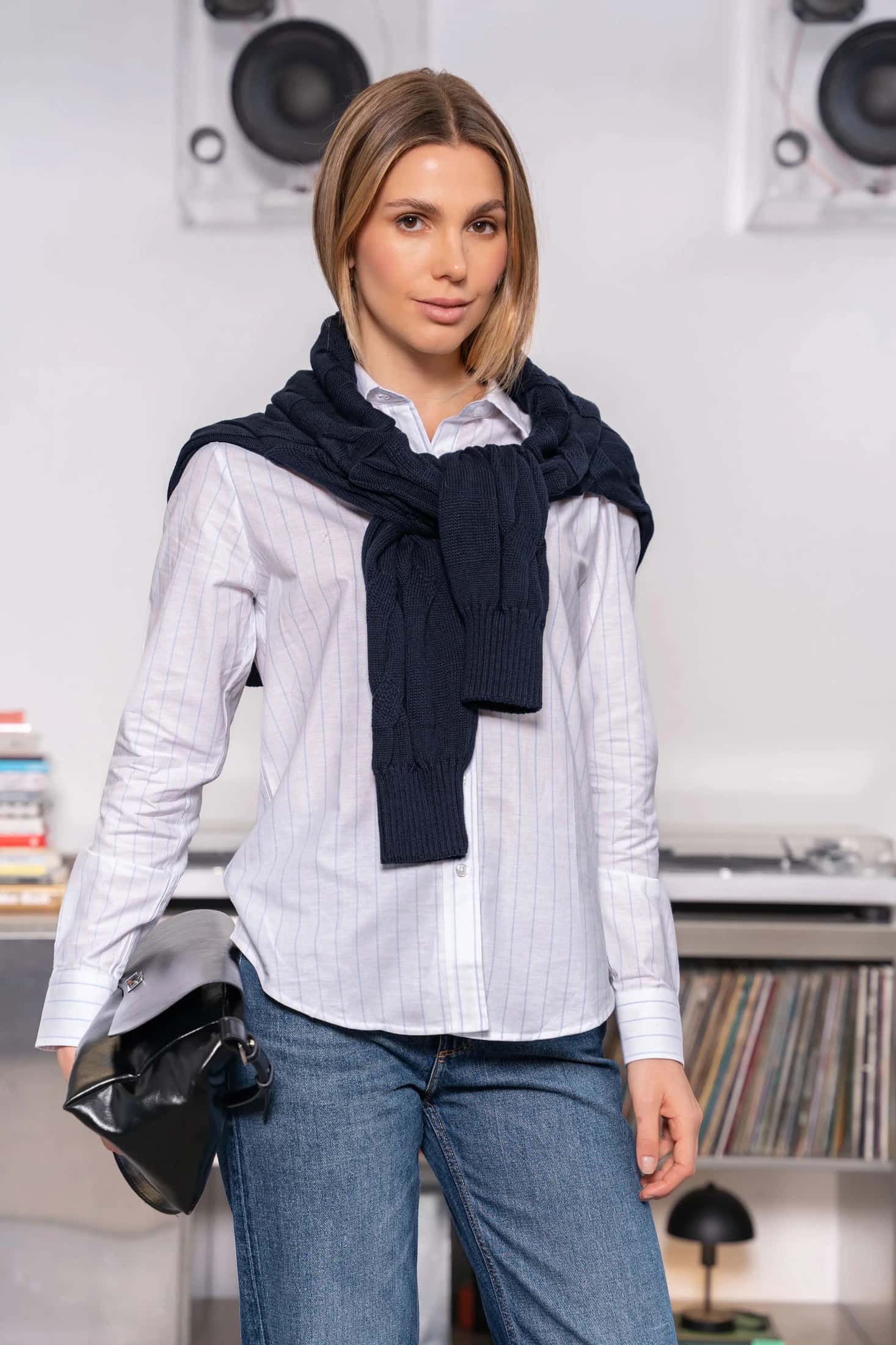 Camisa Oxford Wide Striped Blanco Mujer Raya Azul - miniatura 4