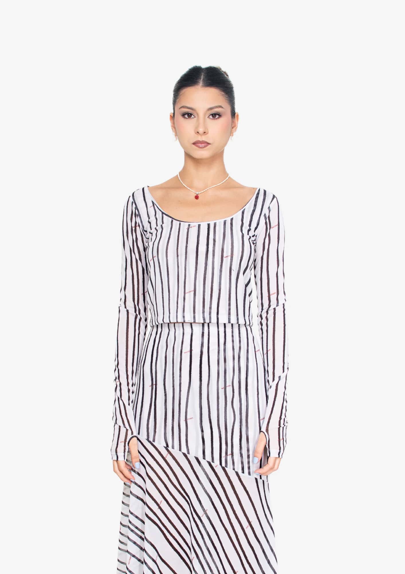 White Stripes Mesh Long Sleeve Blouse