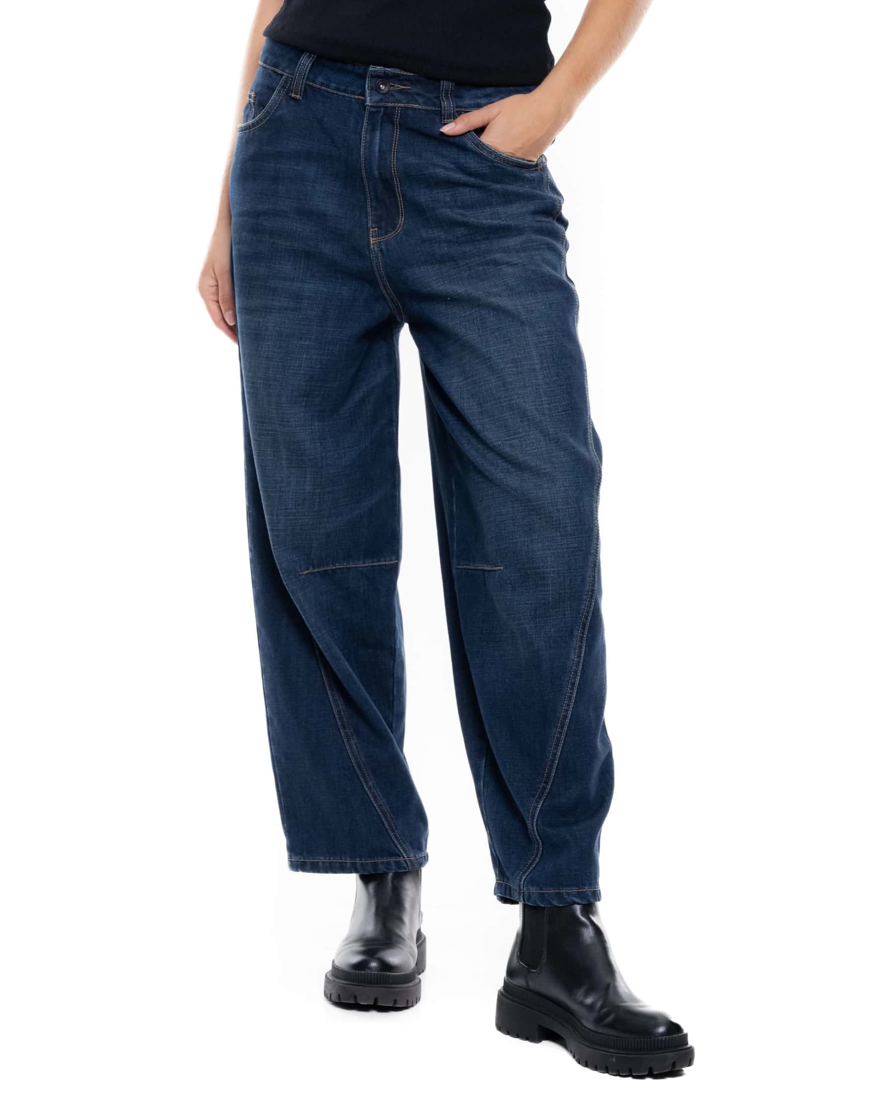 Barrel Jeans Tono Oscuro Con Cortes