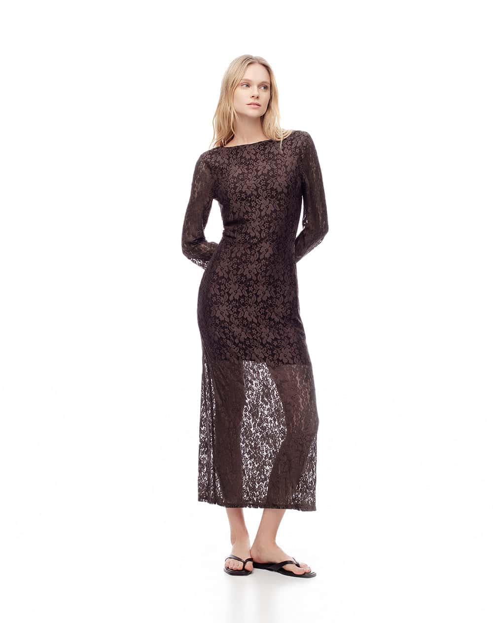 Vestido midi encaje chocolate mujer