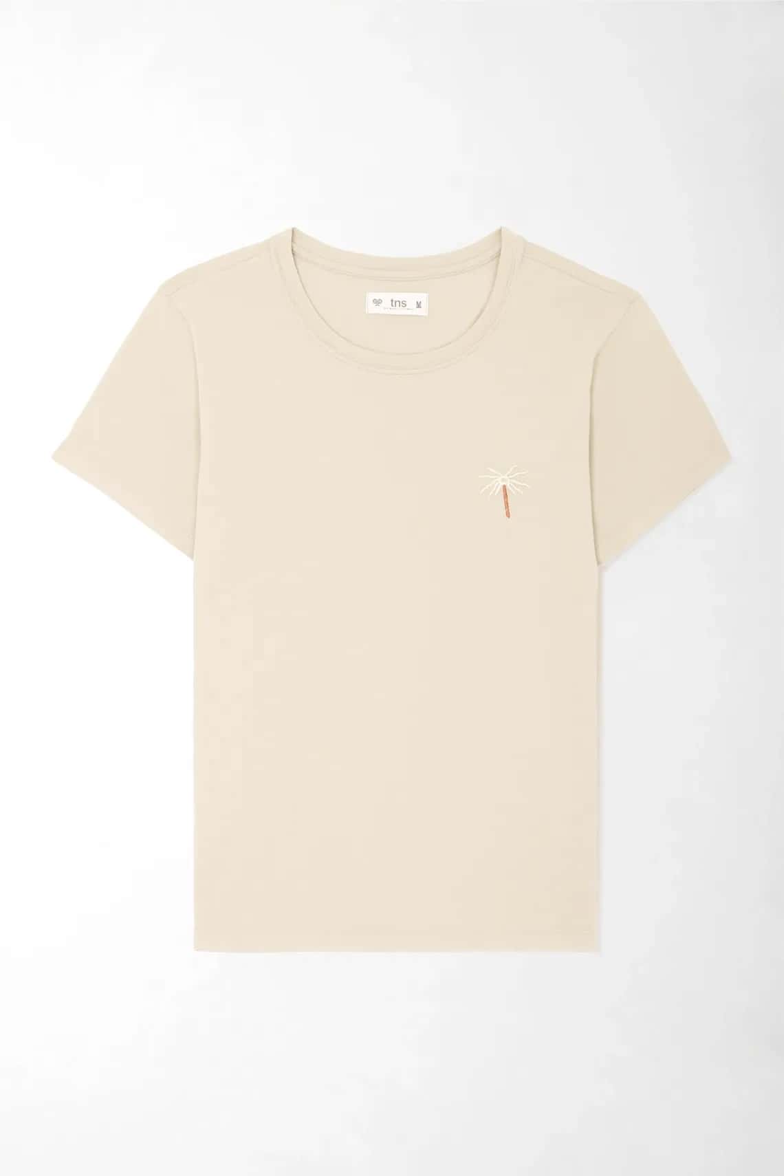 Camiseta clásica con mini bordado de palmera en algodón beige para mujer
