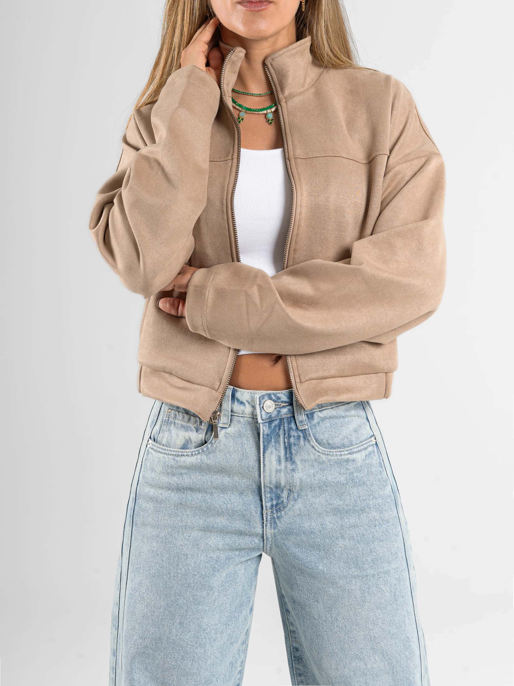 Ref: 0610687 Chaqueta efecto piel, cuello alto, con cremallera, tono camel - miniatura 1