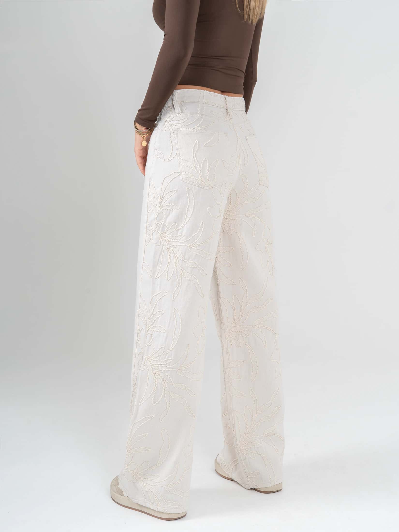 Ref: 0620284 Pantalón wide leg, tiro medio, tela bordada, tono natural - miniatura 3