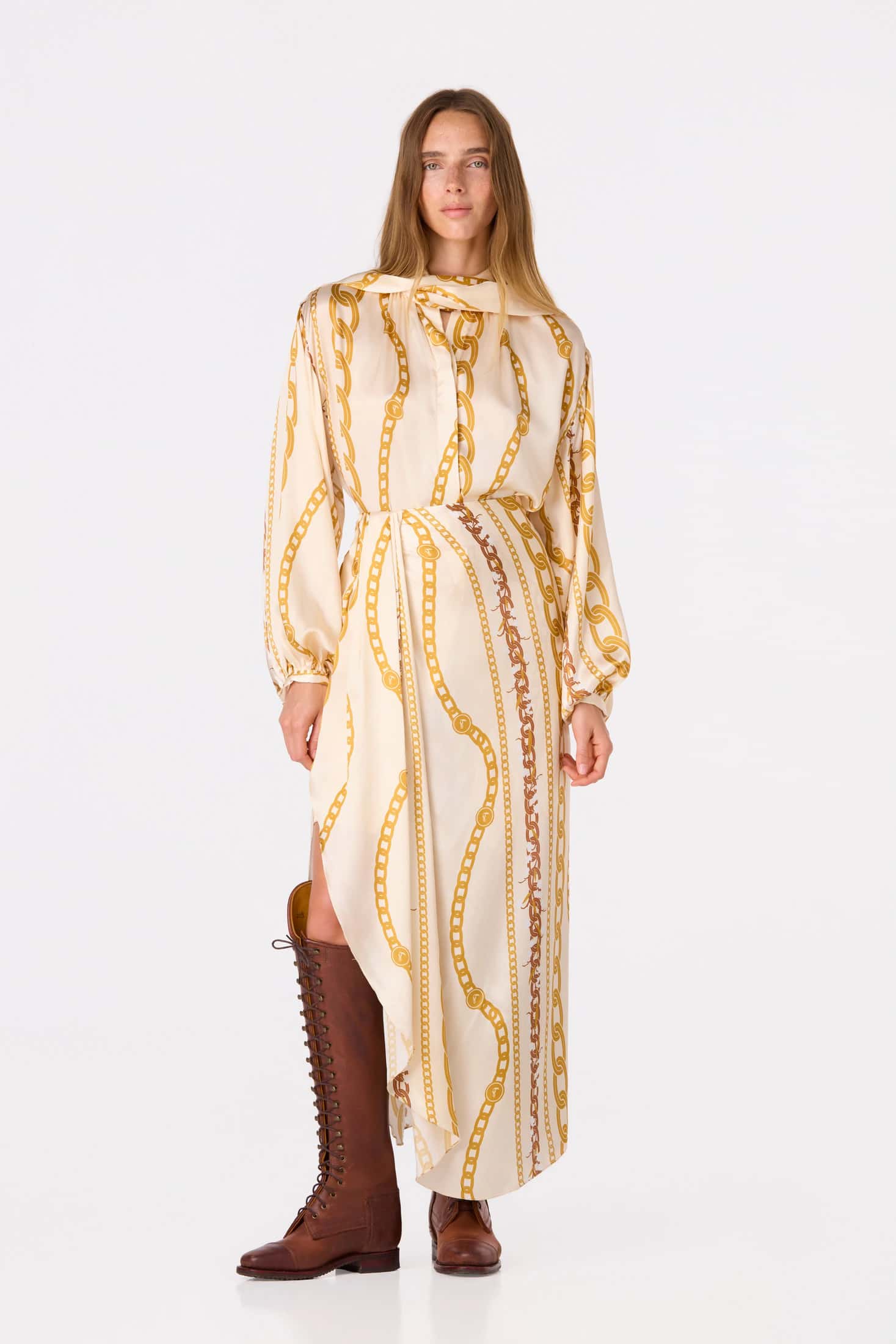Simonetta Satin Silk Maxi Shirt / Gold Chains