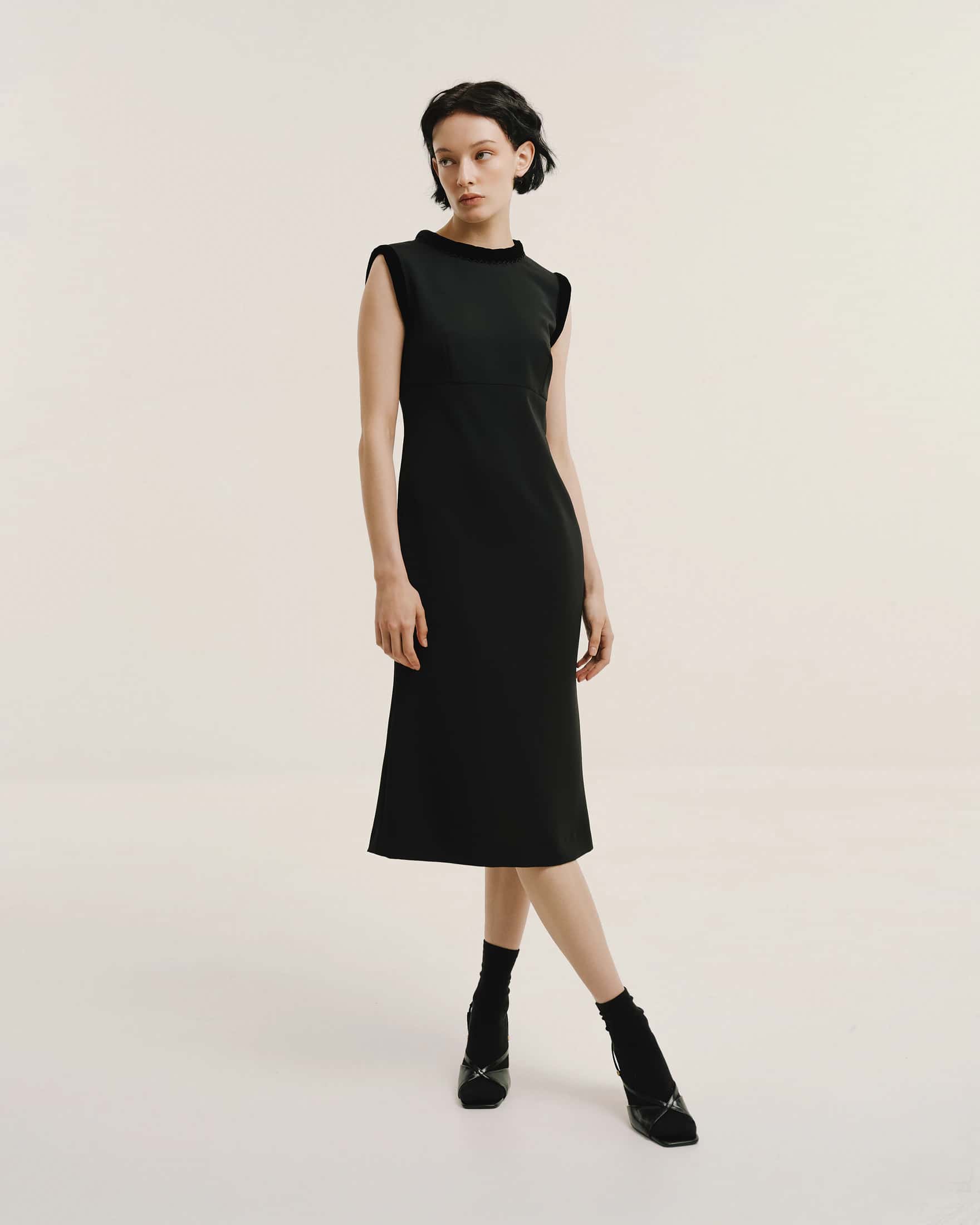 Velvet-Trimmed Black Midi Dress