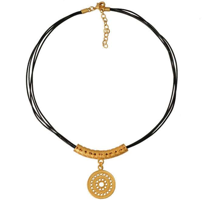 Collar Cuero 4 Vueltas y Dije Pequeño Pectoral Solar Muisca