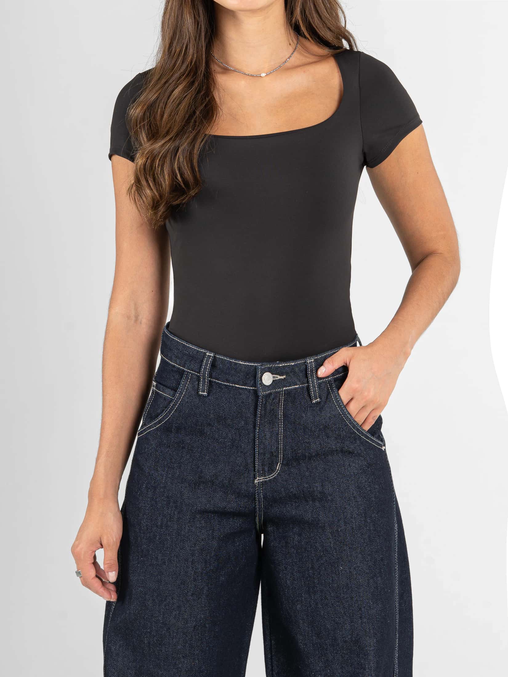 Ref: 0610701 Body manga corta, escote redondo, stretch, tono negro - miniatura 1