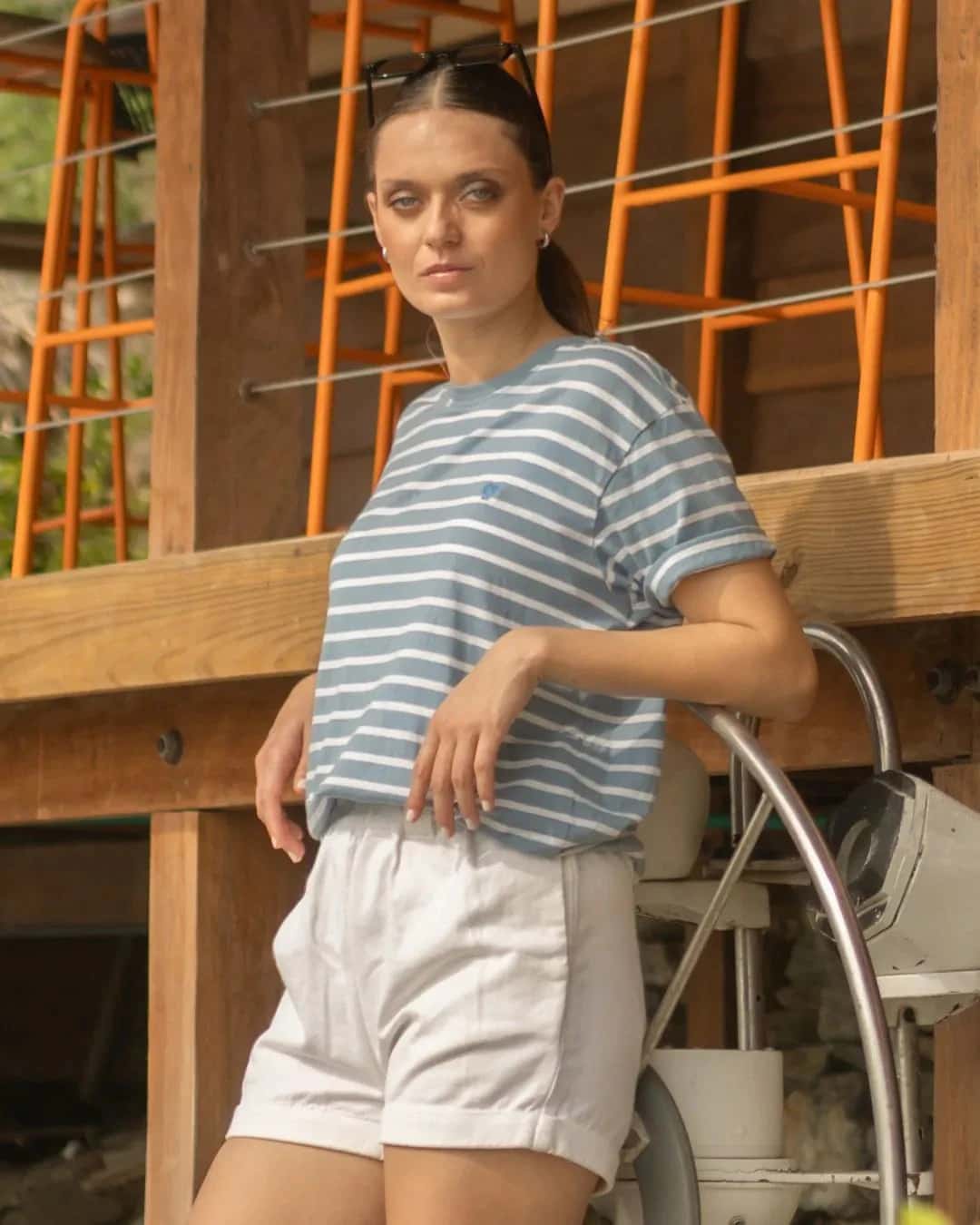 Camiseta Antimanchas de Mujer Rayas Azul Stone - Relaxed Fit