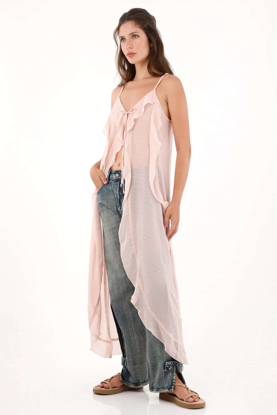 Kimono con boleros y transparencia rosado para mujer