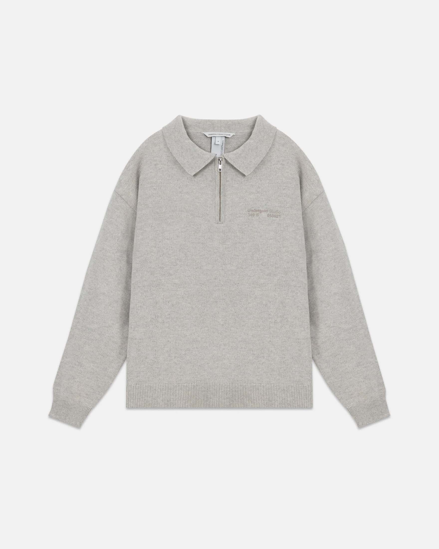 Line Knit Zip Up Long Sleeve Polo Shirt Seed Gray