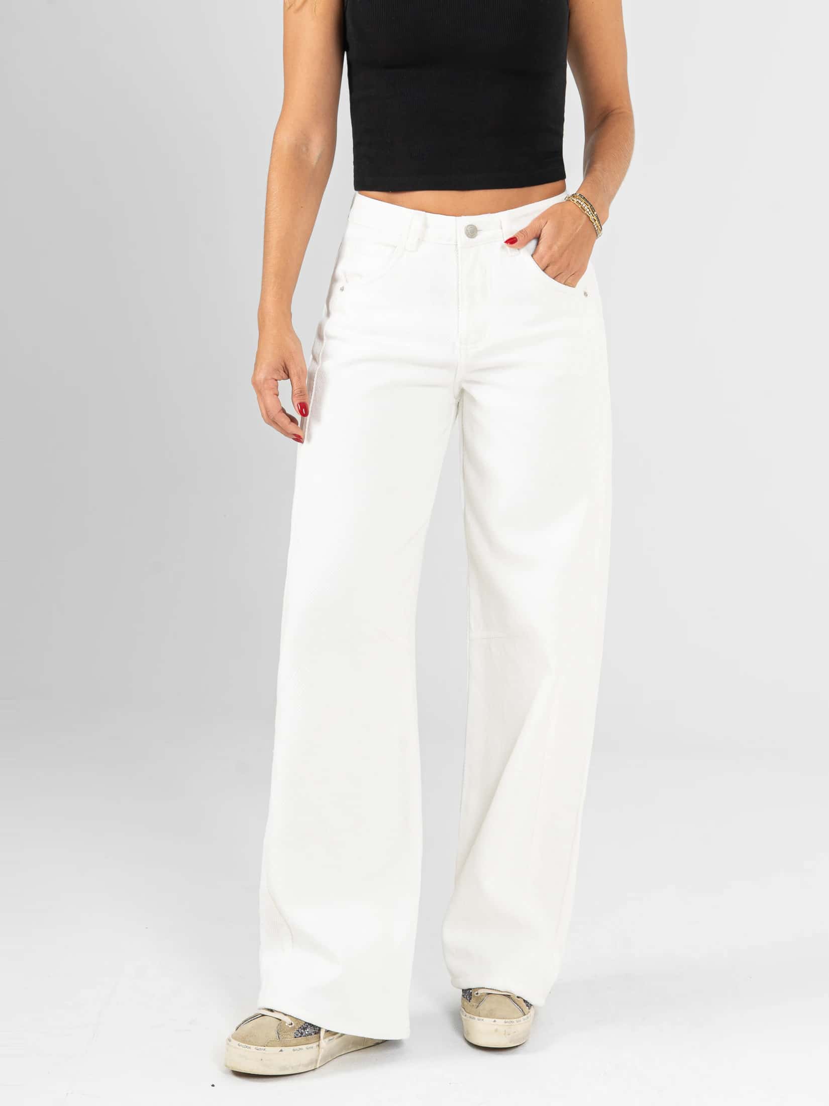 Ref: 0620361 Pantalón wide leg, rígido, tiro alto, tono ivory