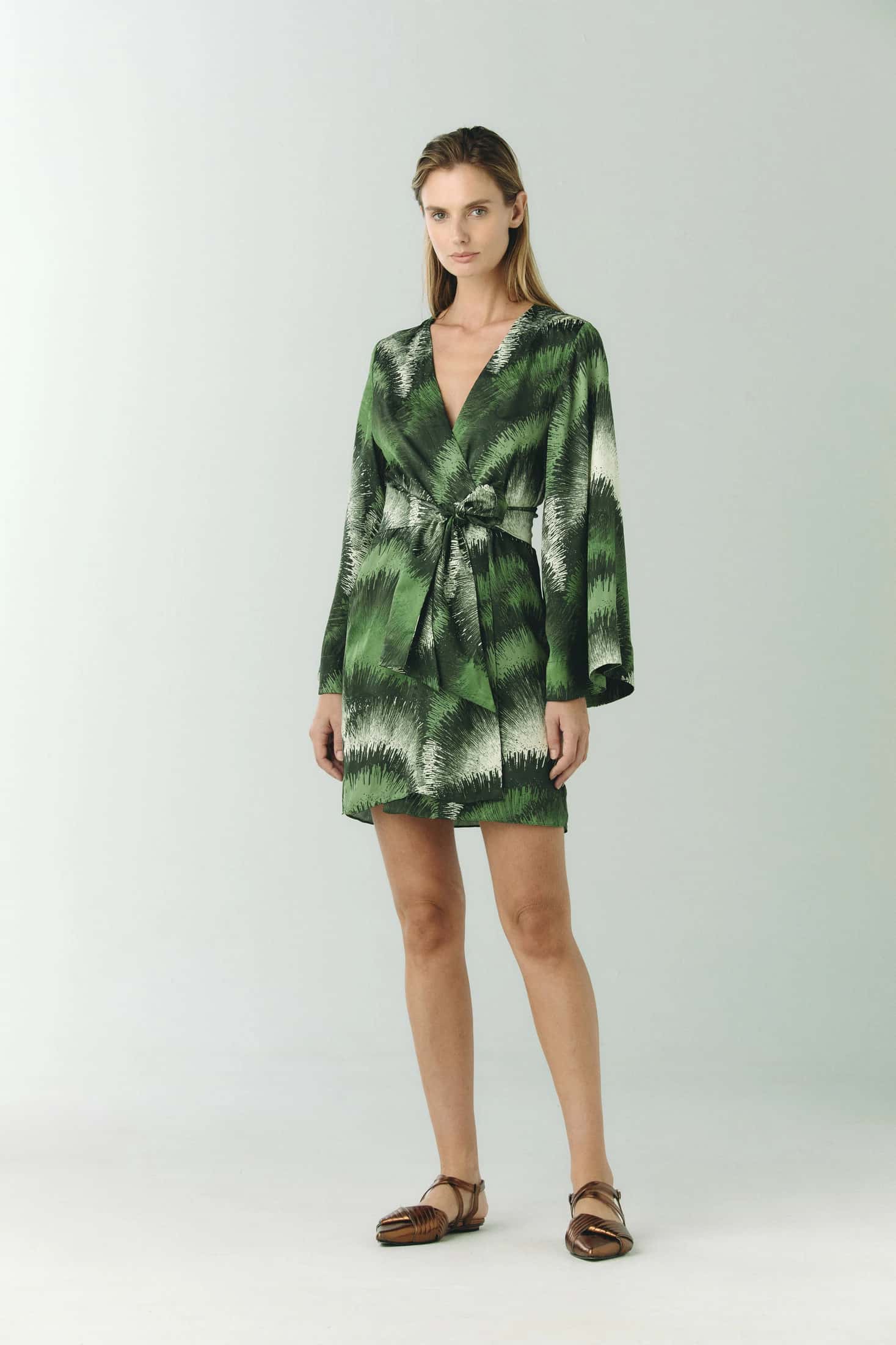Joaquina Silk Jacquard Mini Kaftan / Green Brushed