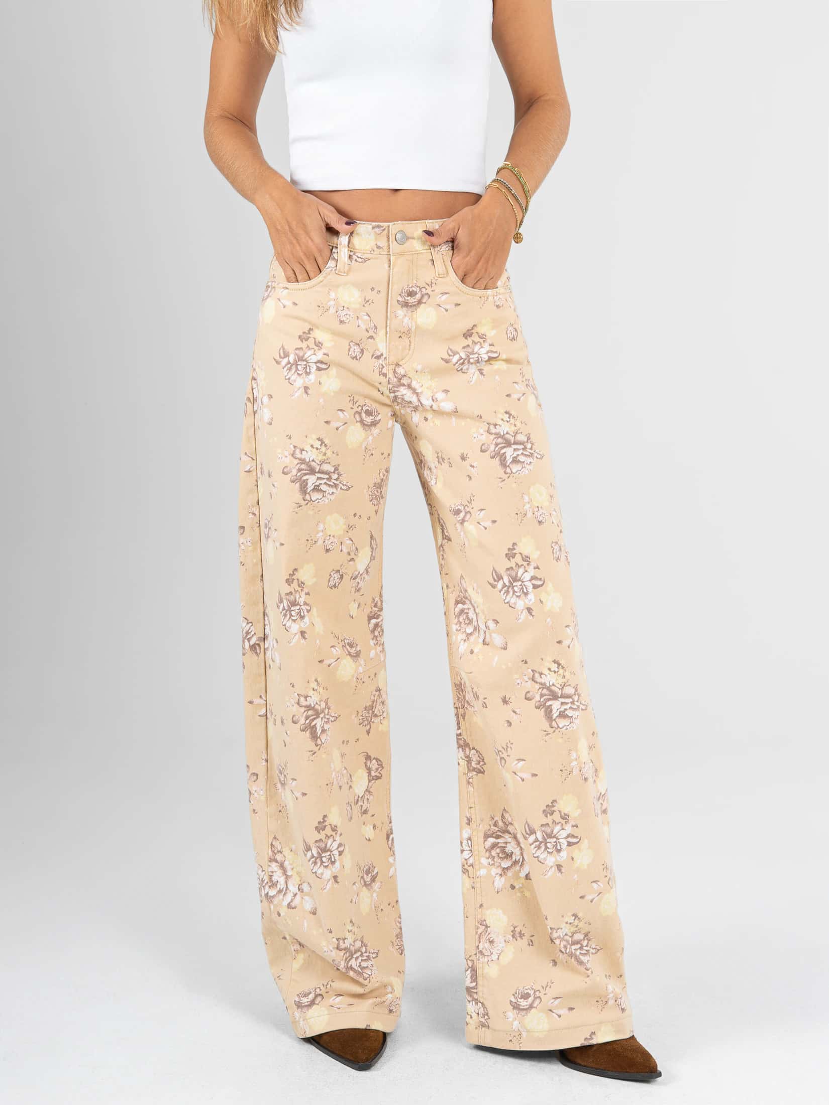 Ref: 0620641 Pantalón wide leg, stretch, tiro alto, tela estampada