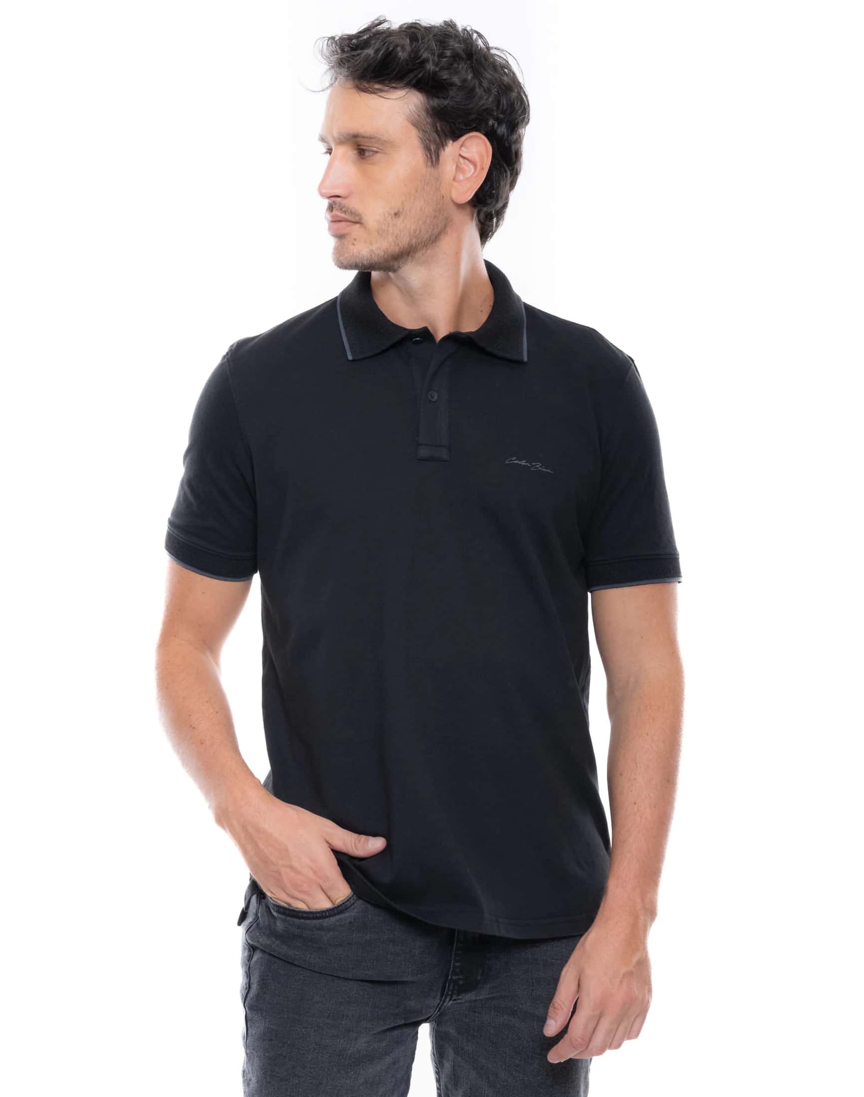 Polo Slim Fit Con Puños Y Perilla Tejida Negro