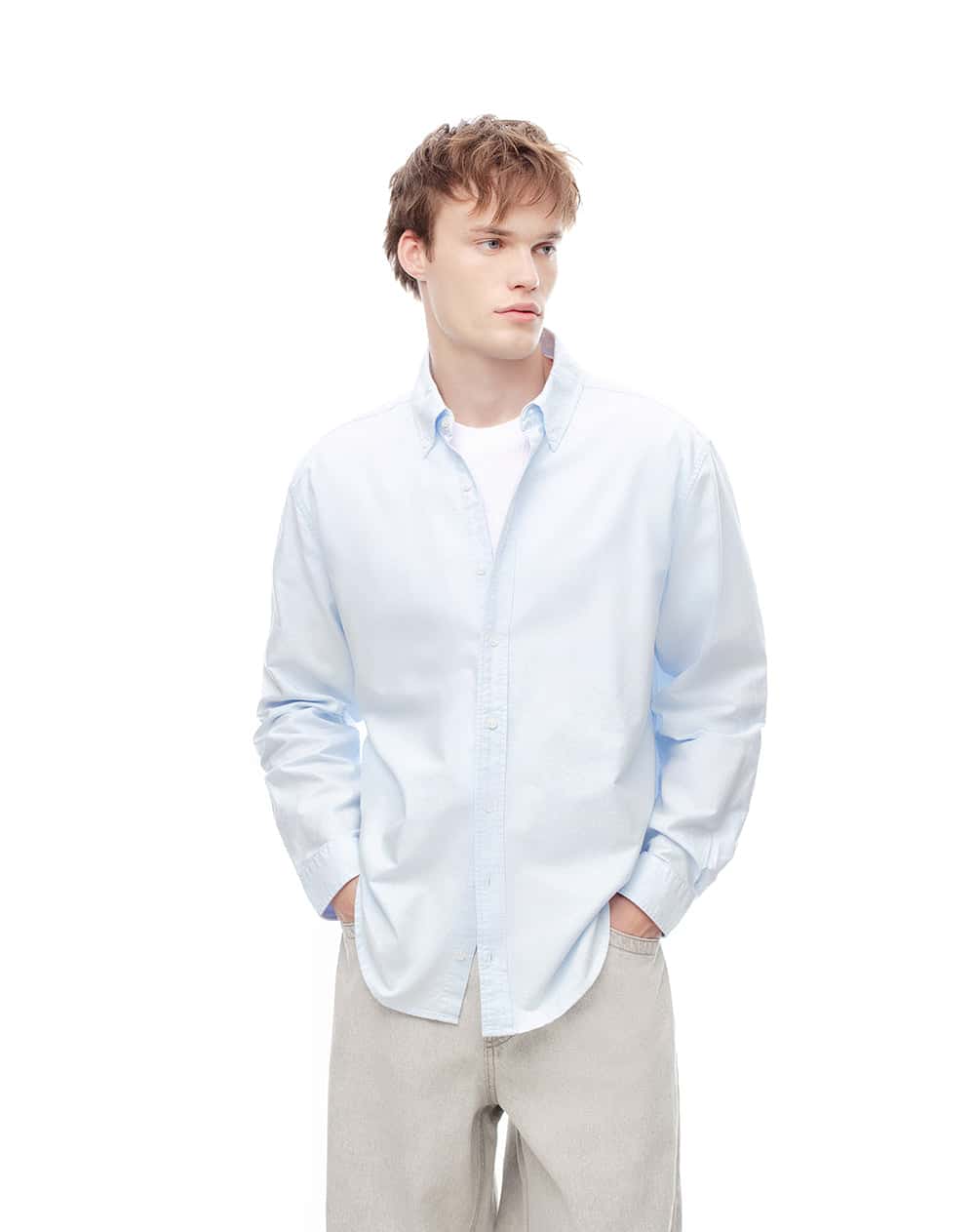 Camisa manga larga regular algodón azul hombre