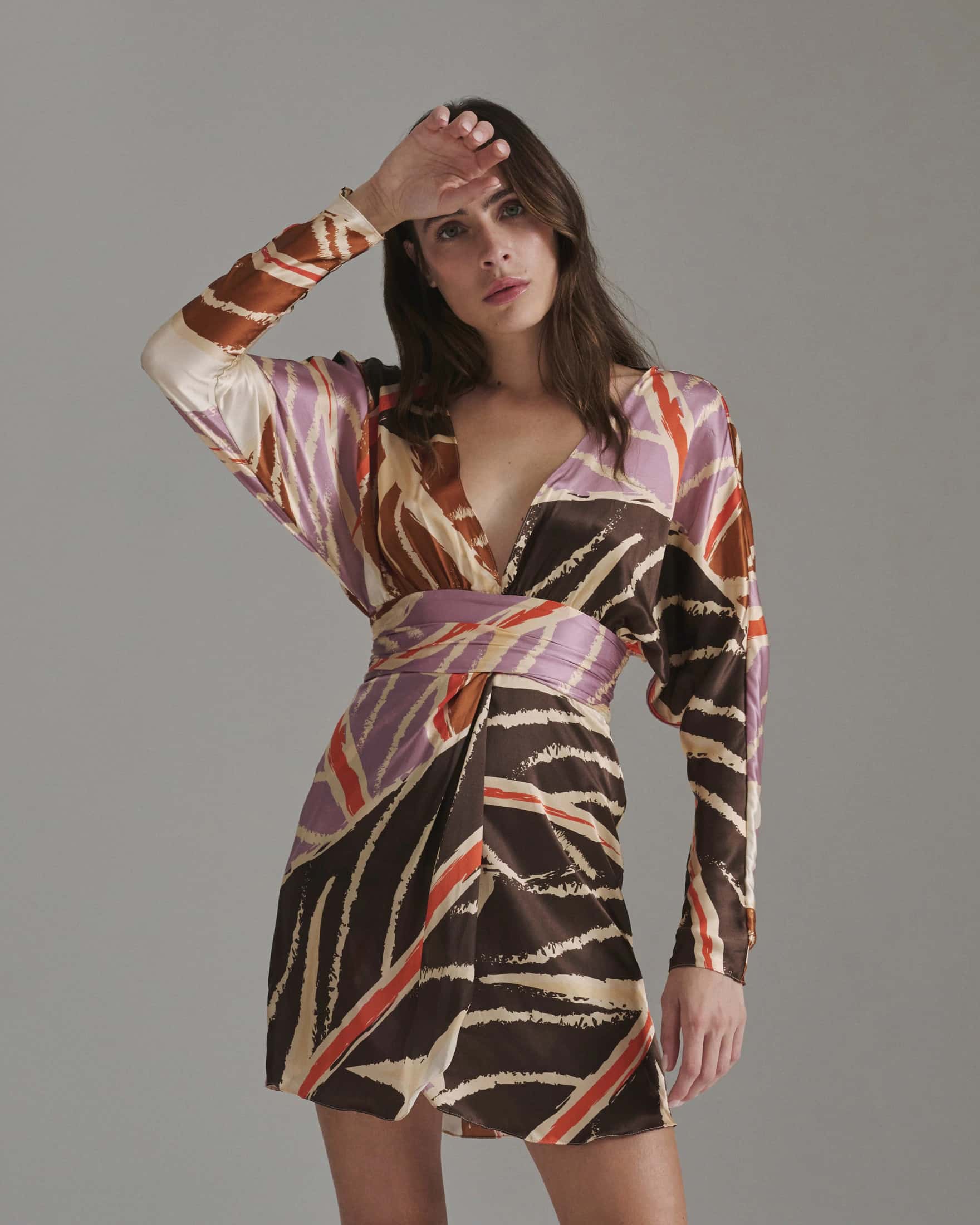 Grecia Satin Silk Mini Dress / Lilac Platanera Leaves