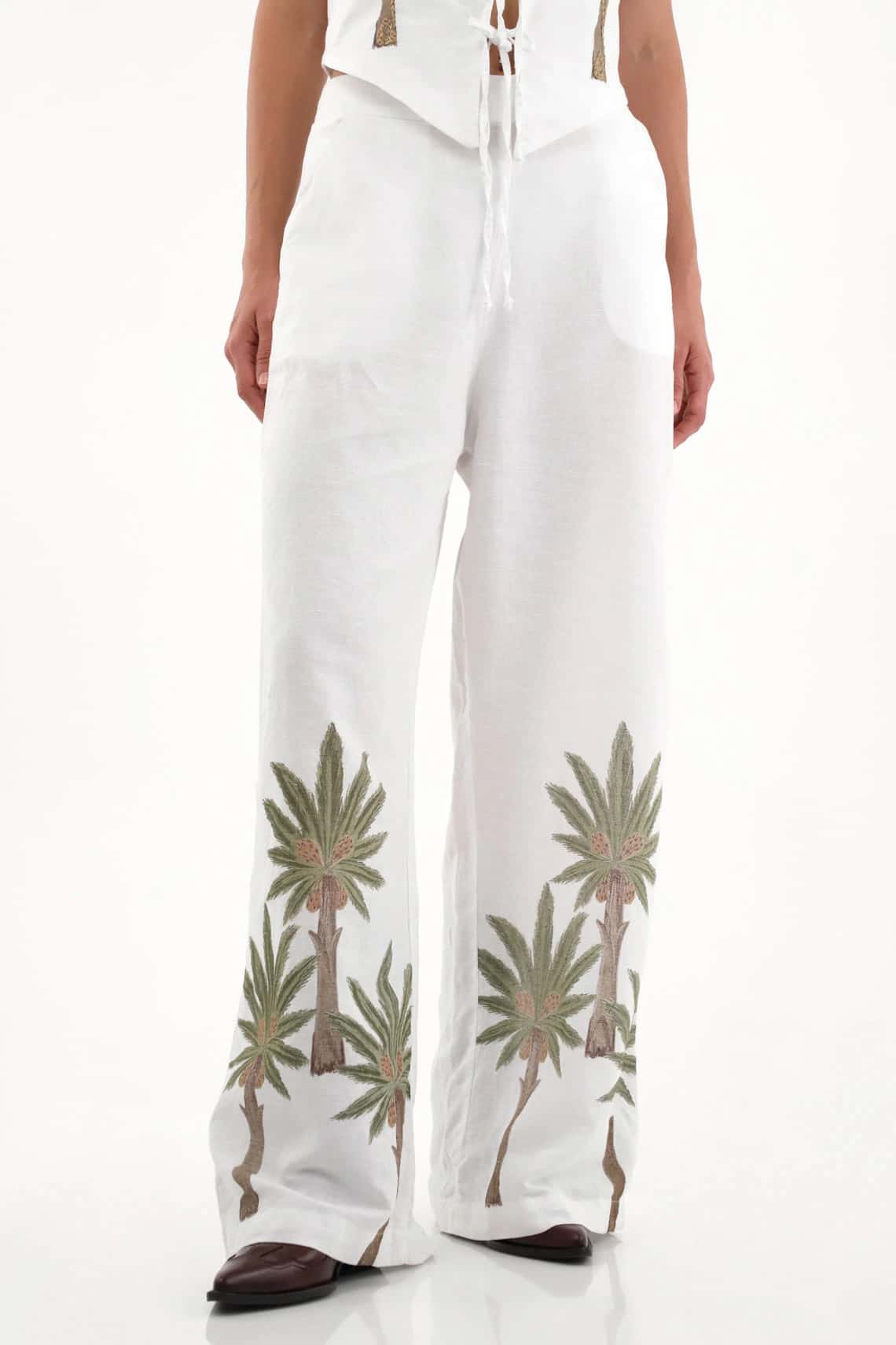 Pantalón Wide Leg blanco con bordado en bota para mujer