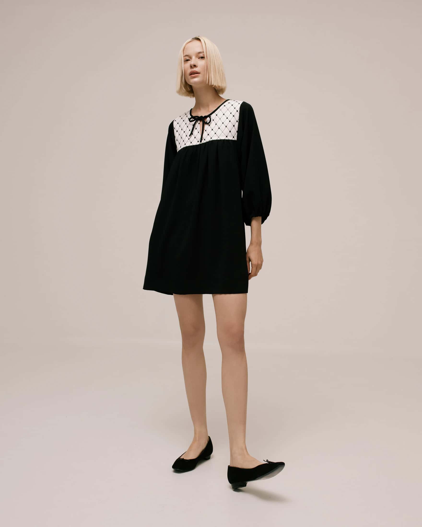 Quilted-Front Puff-Sleeve Cady Mini Dress - miniatura 3