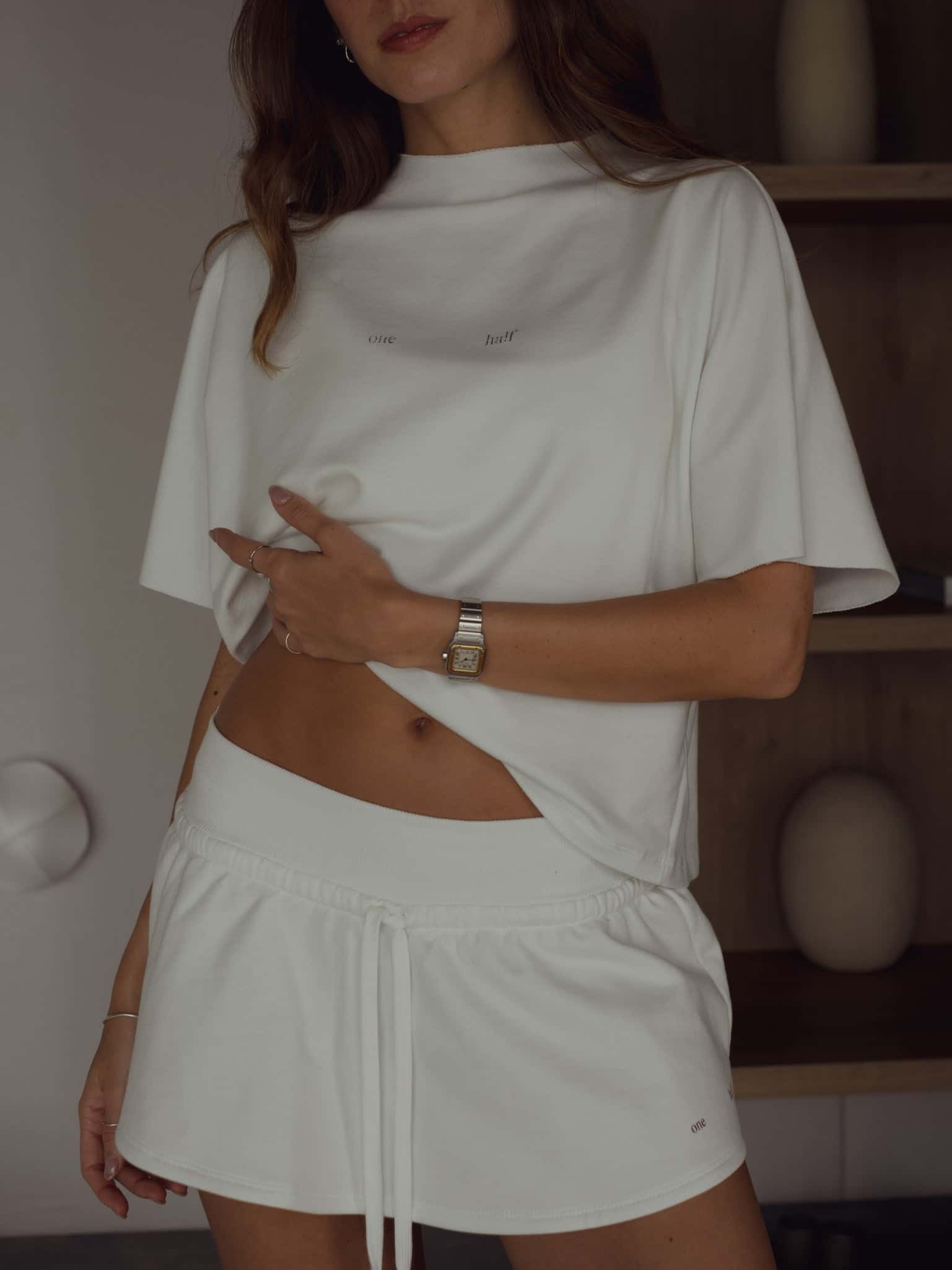 ONE HALF ROLLED SLEEVE T-SHIRT - SOFT WHITE