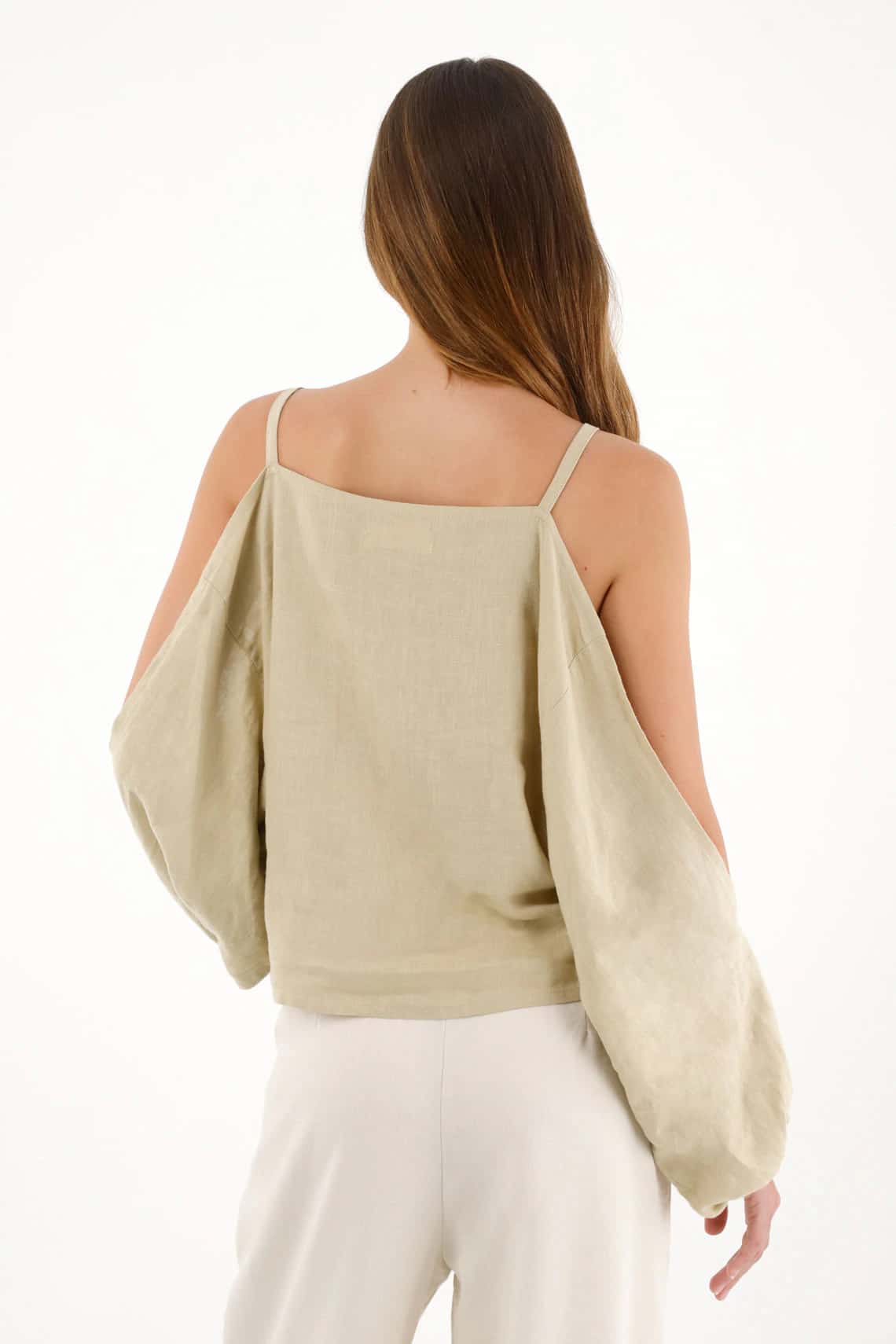 Camisa manga larga en 100% lino verde para mujer