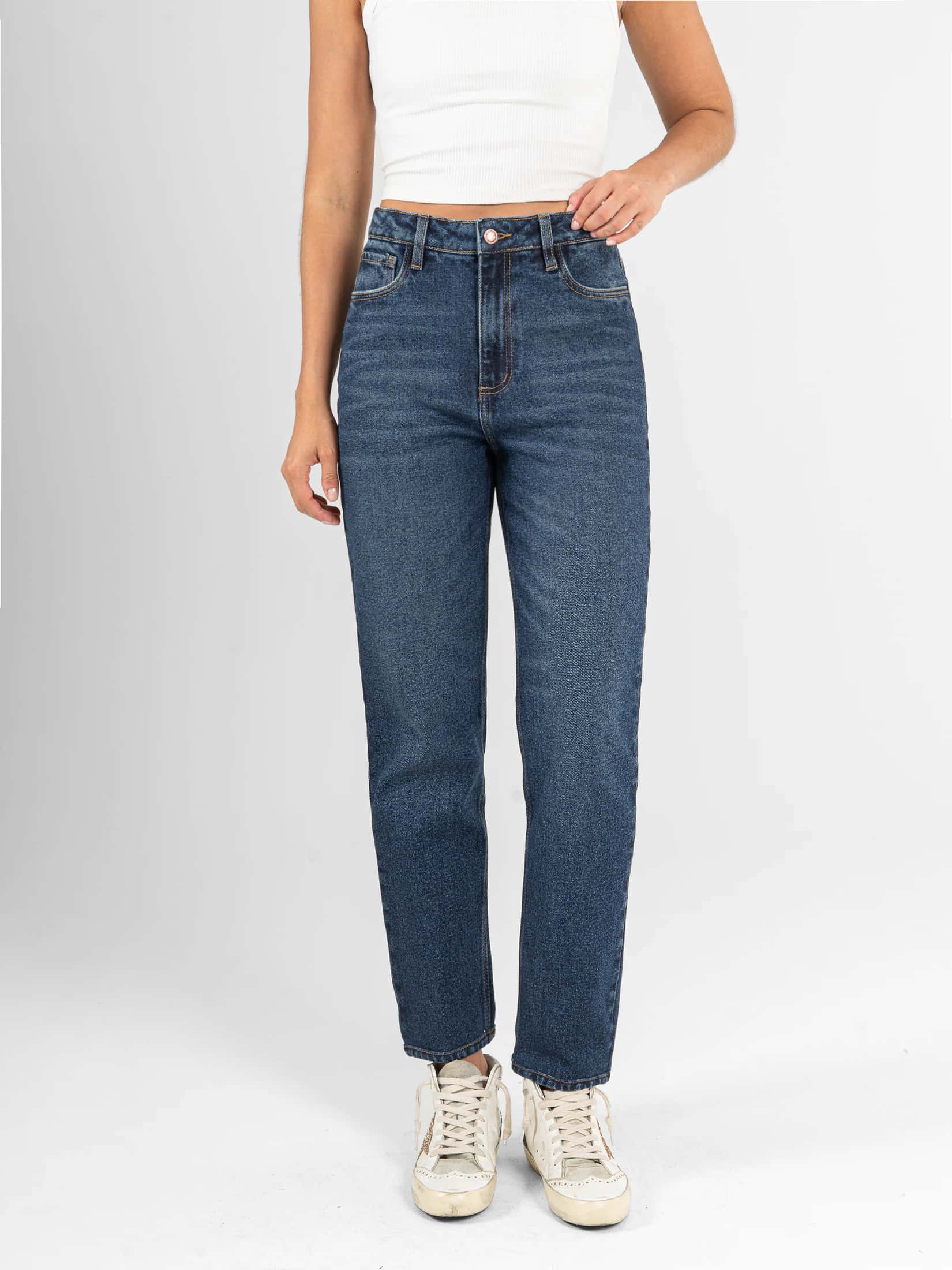Ref: 066589 Jean Mom fit, slim cropped, stretch, tiro alto, tono azul oscuro