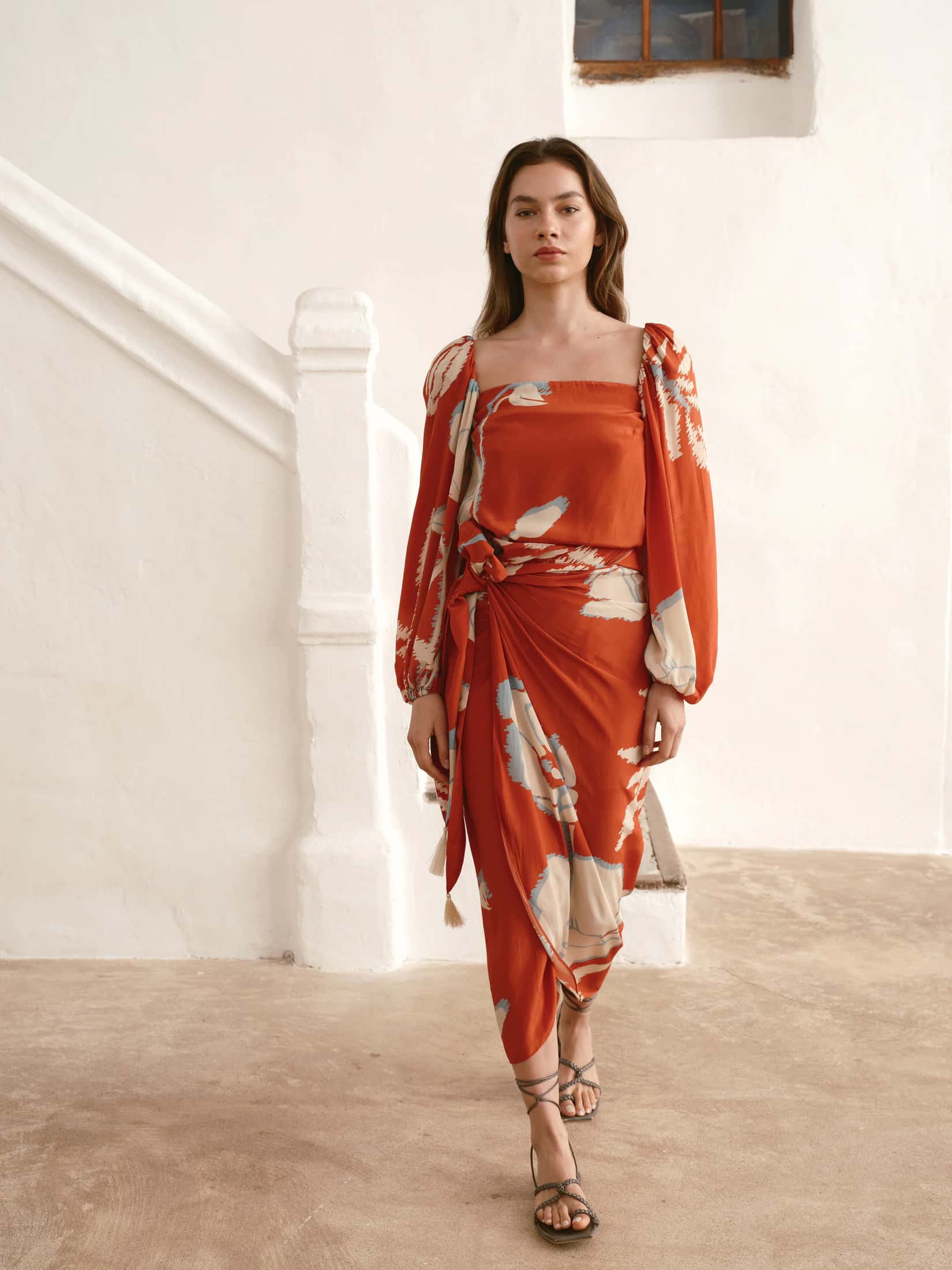 Celia Crepe Chine Blouse / Orange Gladiolos