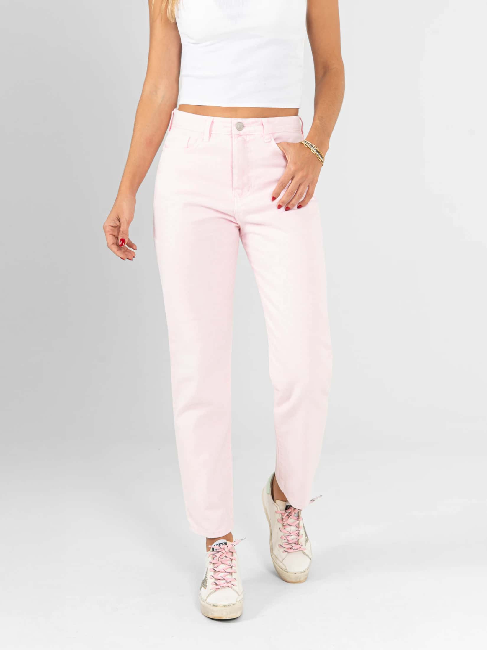 Ref: 0620402 Pantalón Mom fit, slim cropped, rígido, tiro alto, tono rosa