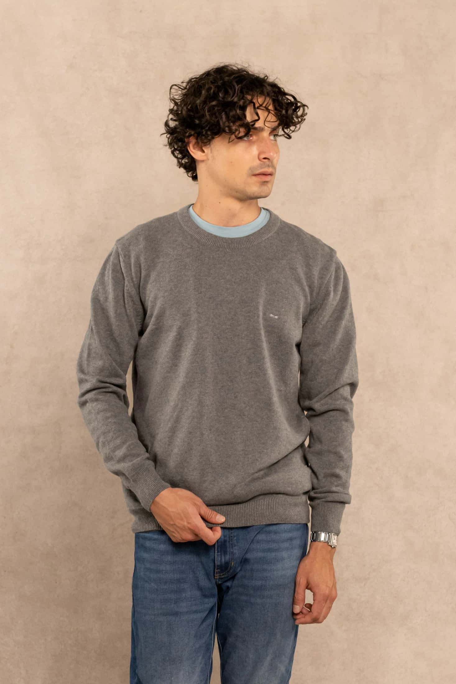 Sueter Algodon Peinado Cuello Redondo Gris Medio